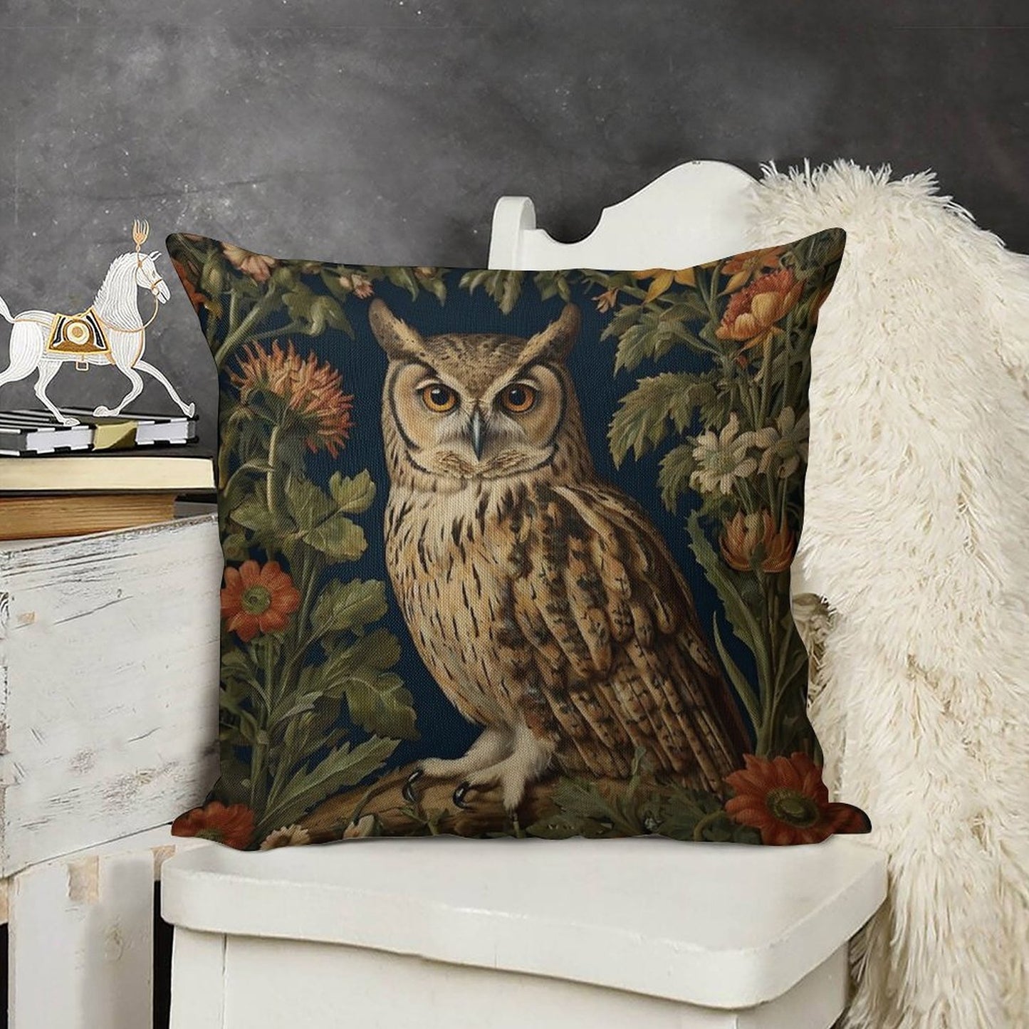 Vintage Forest Owl William Morris Style Linen Throw Pillow Cover