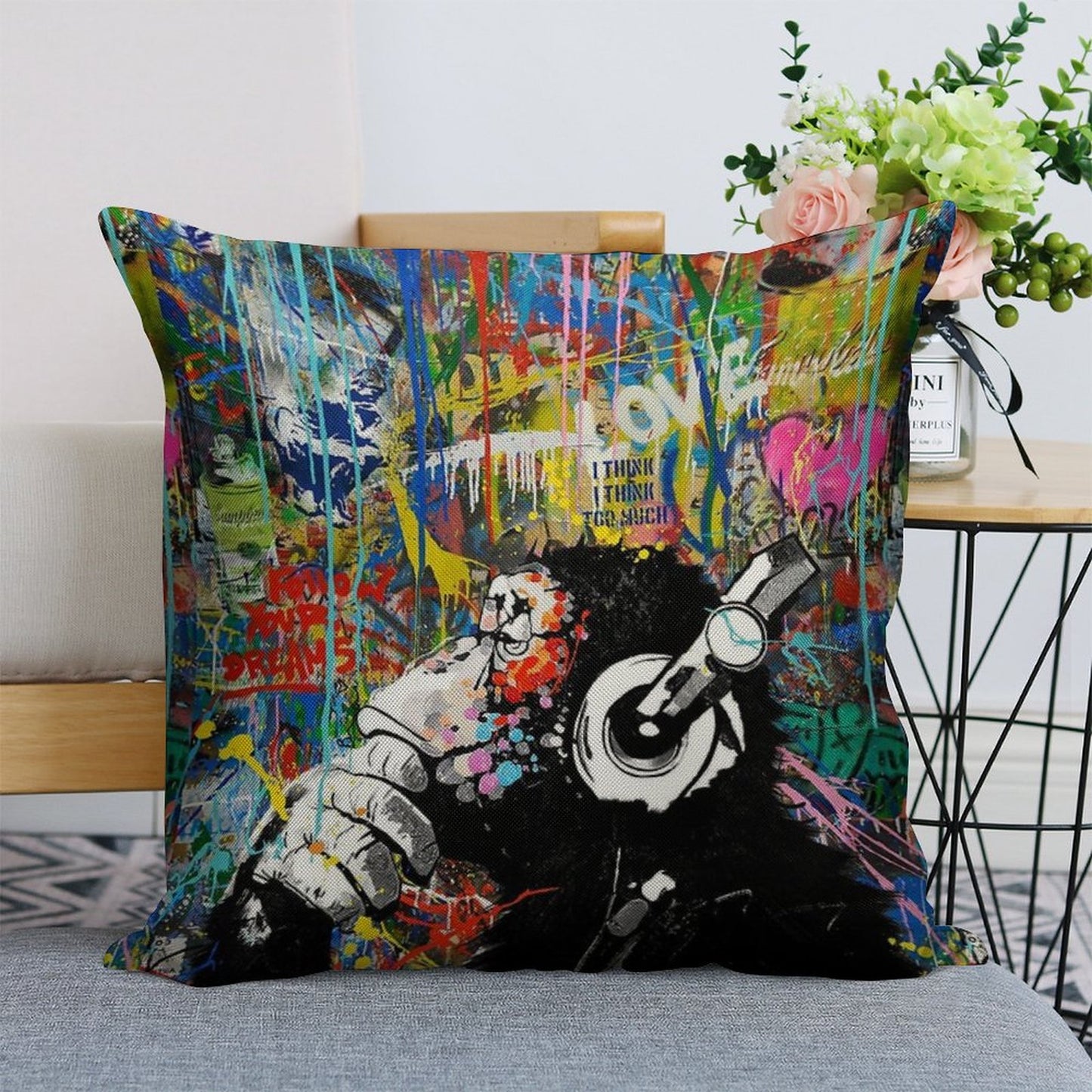 Monkey Thinker - Banksy Urban Contemporary Colorful Street Art - DJ Chimp Linen Throw Pillow Cover