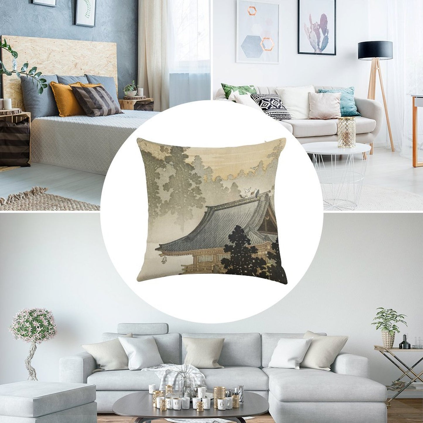 Pagoda - Japanese Art 1900s Linen Throw Pillow Cover