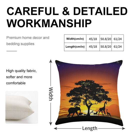 Wild Animals on African Savanna Sunset Linen Throw Pillow Cover