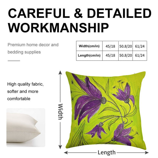 Botanical Lime Green And Purple Linen Throw Pillow Cover