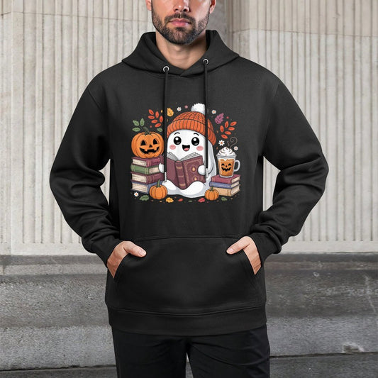 Cute Ghost Reading Book Lover Halloween Ghost Coffee Pumpkin Medium-Weight Fabric Hoodie
