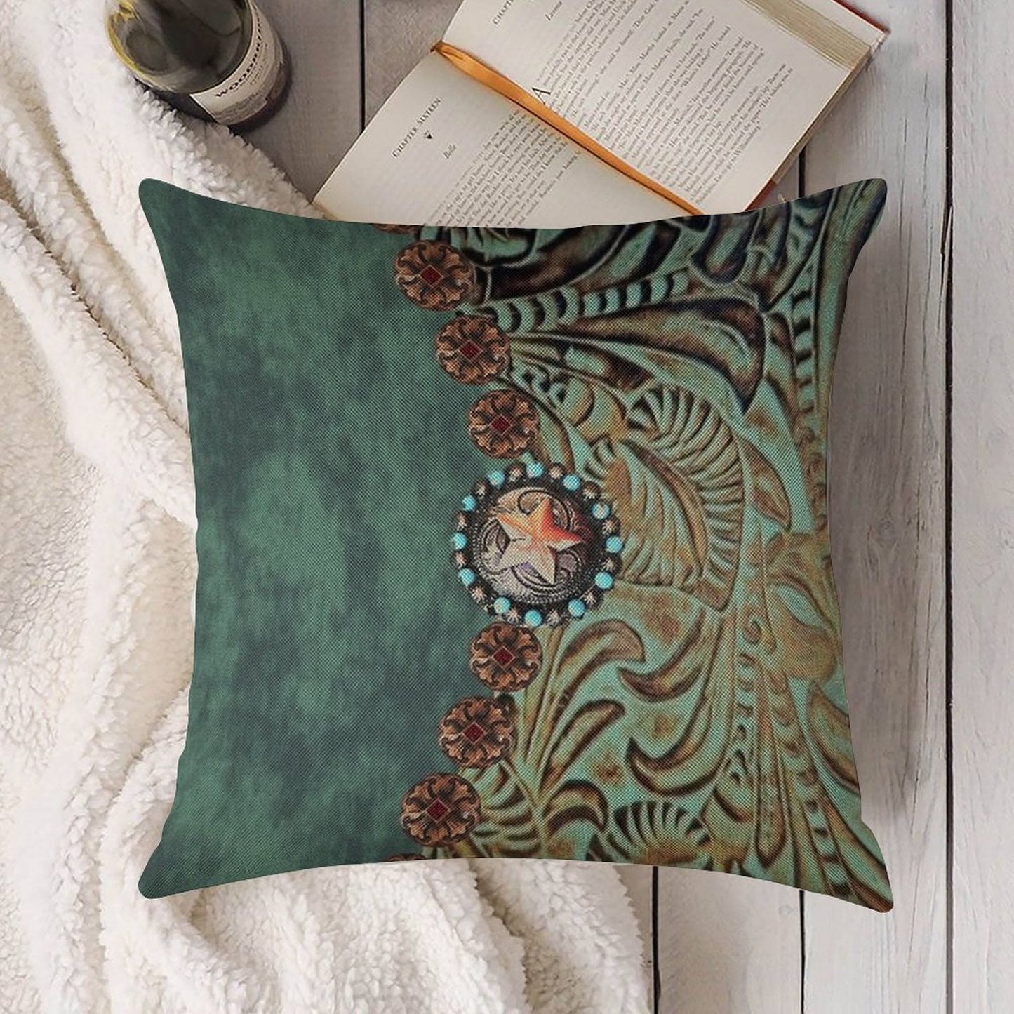 Rustic Cowboy Cowgirl Western Country Green Teal Linen Throw Pillow Cover