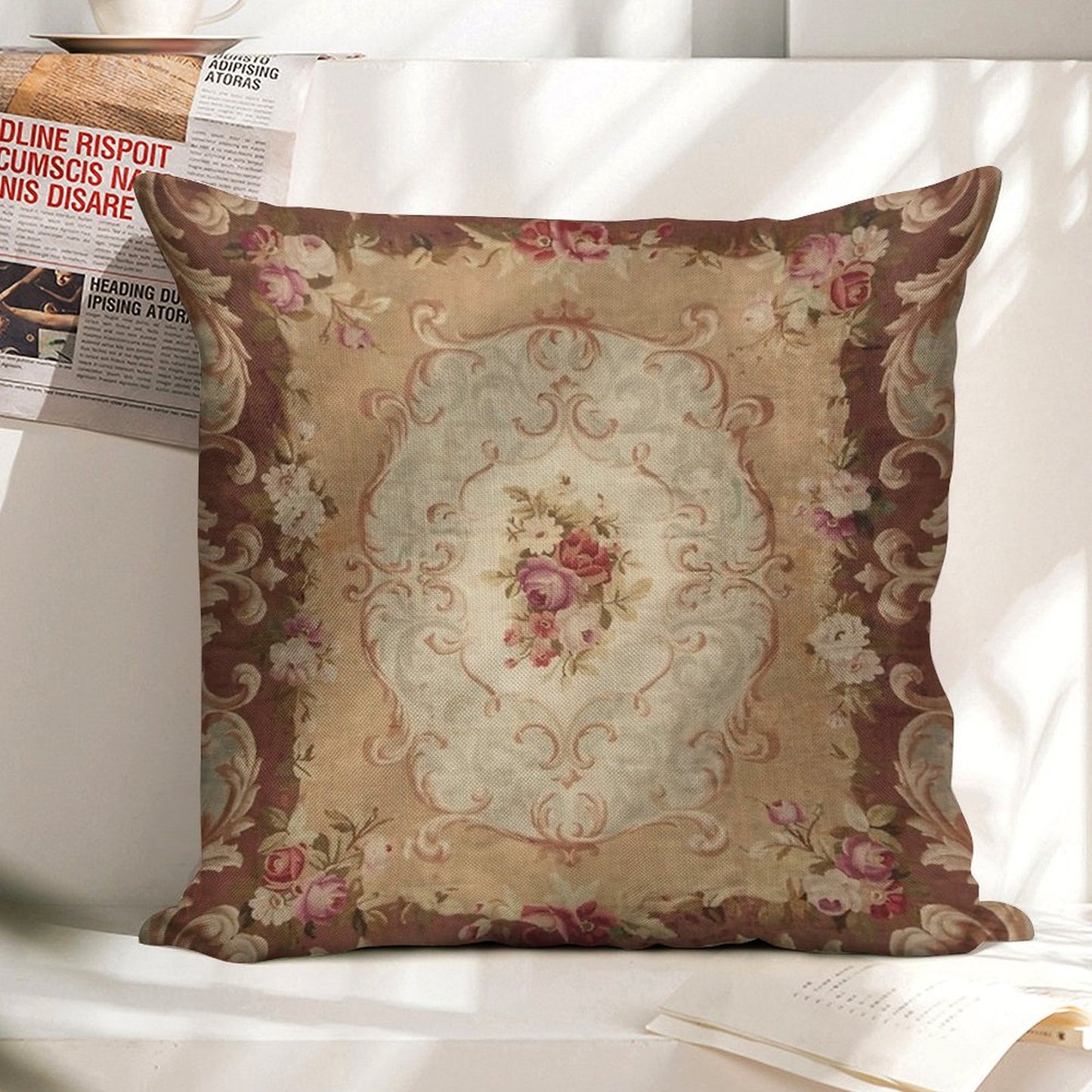 Antique Rose Floral French Aubusson Rug Print Linen Throw Pillow Cover