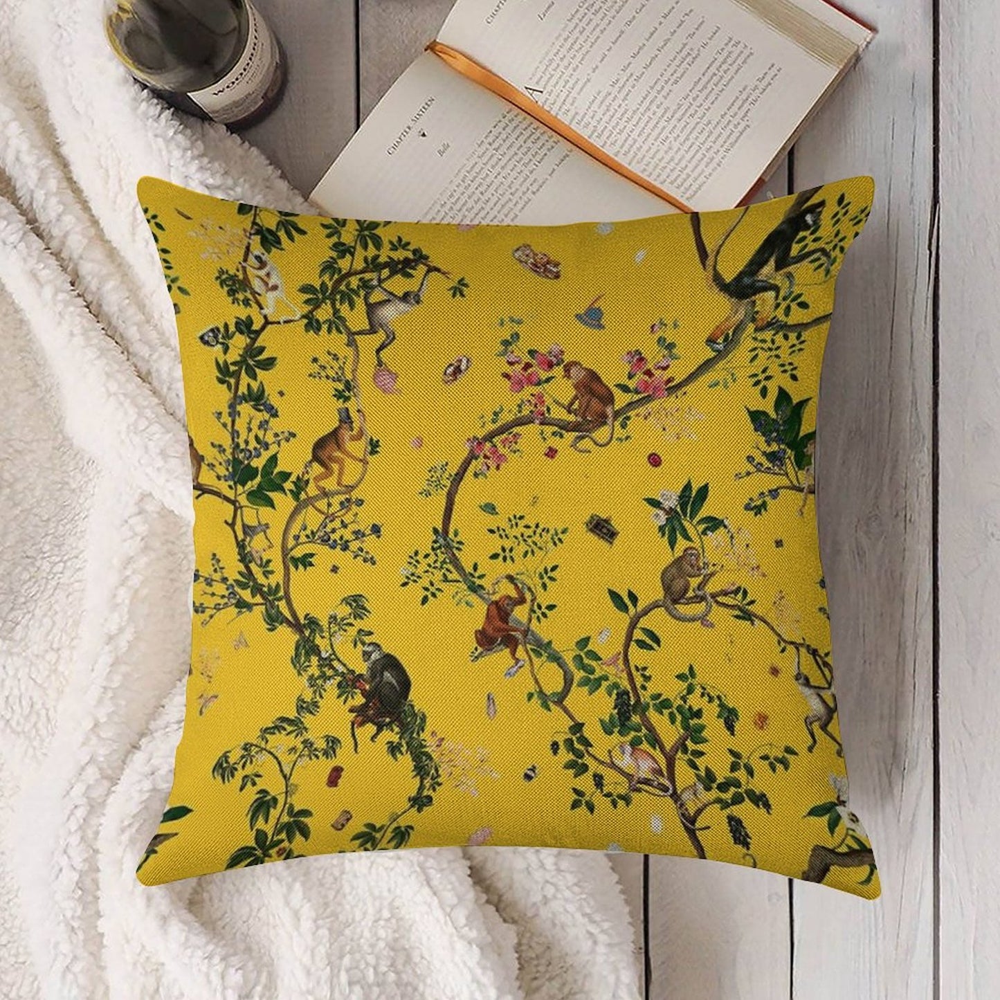 Monkey World Yellow Linen Throw Pillow Cover