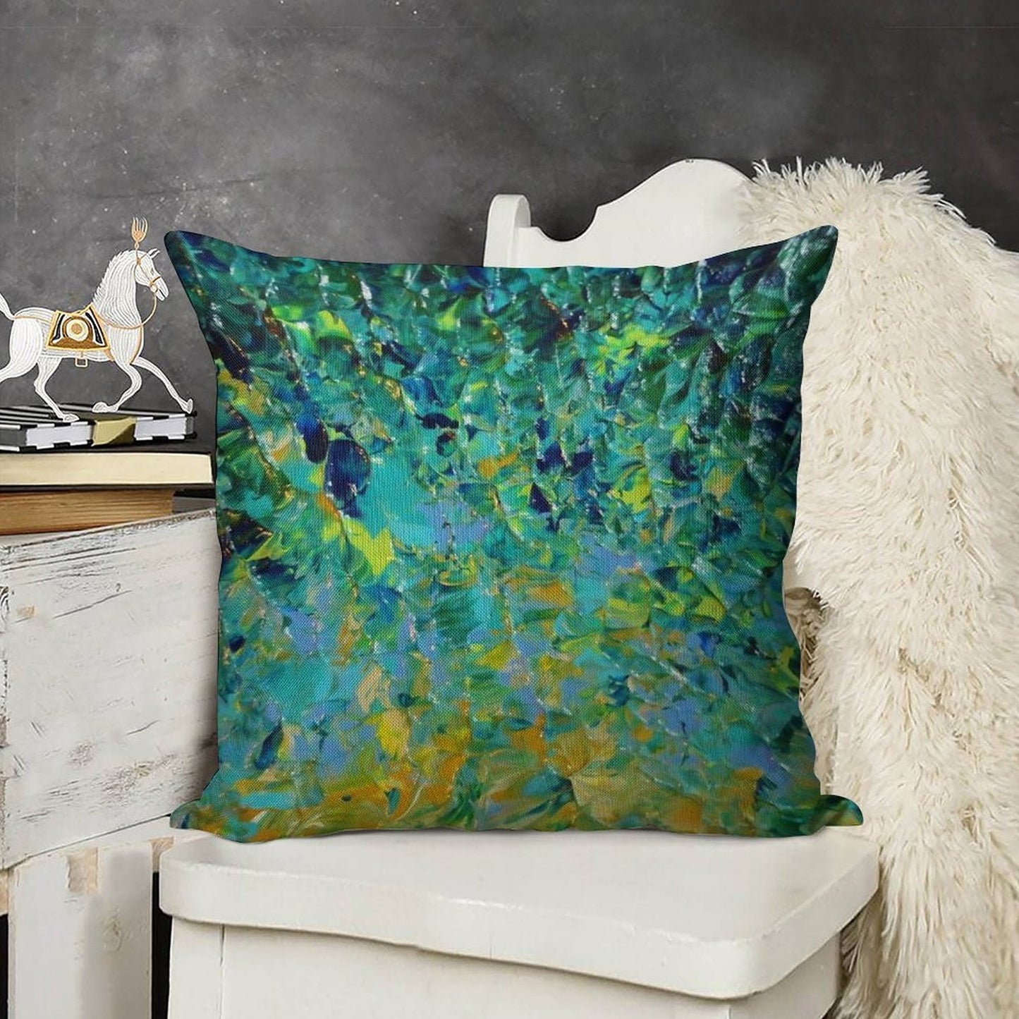 BEAUTY BENEATH THE SURFACE - Stunning Lake Ocean River Water Nature Green Blue Teal Yellow Aqua Abstract Linen Throw Pillow Cover