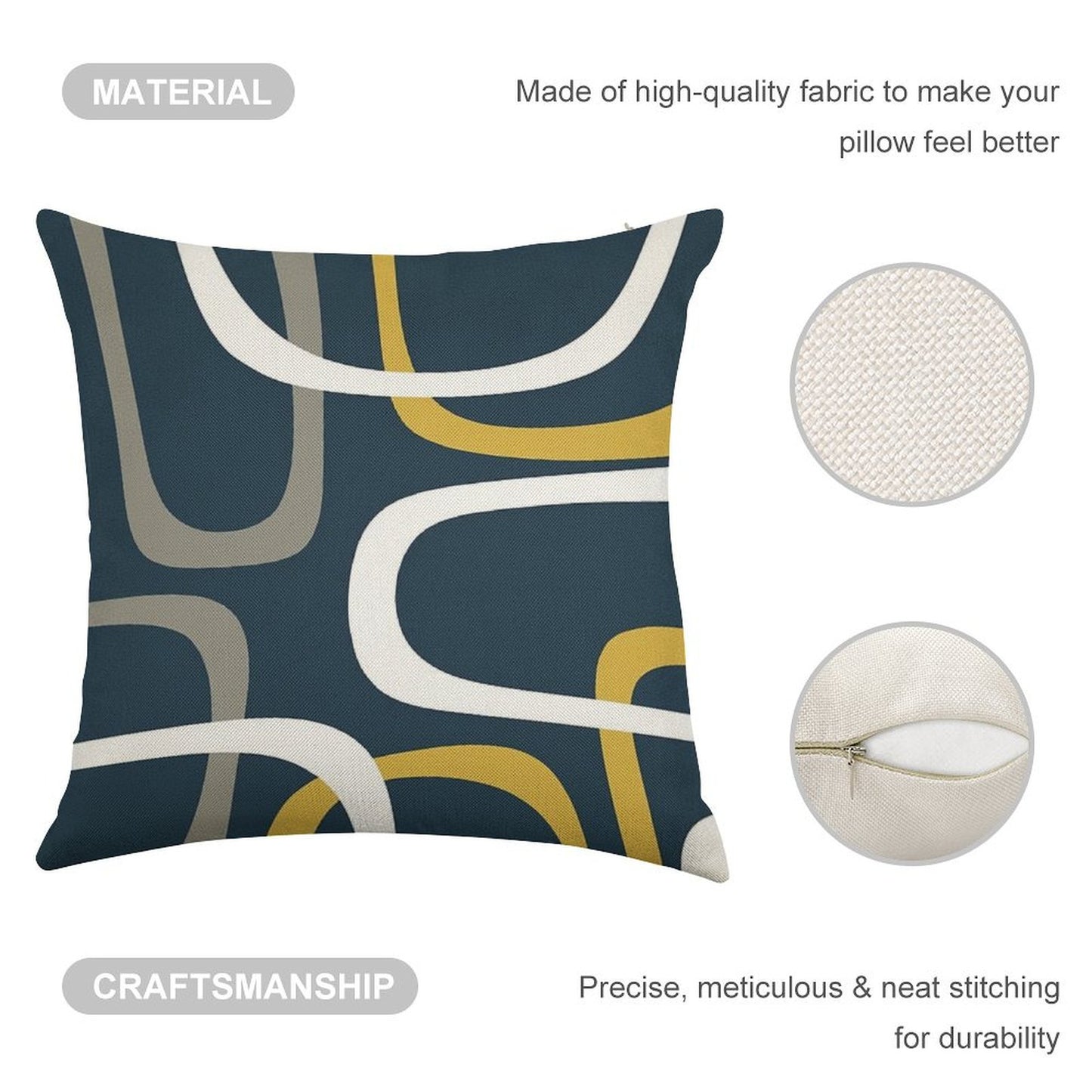 Midcentury Modern Loops Retro Pattern in Light Mustard, Grey, White, And Navy Blue Linen Throw Pillow Cover