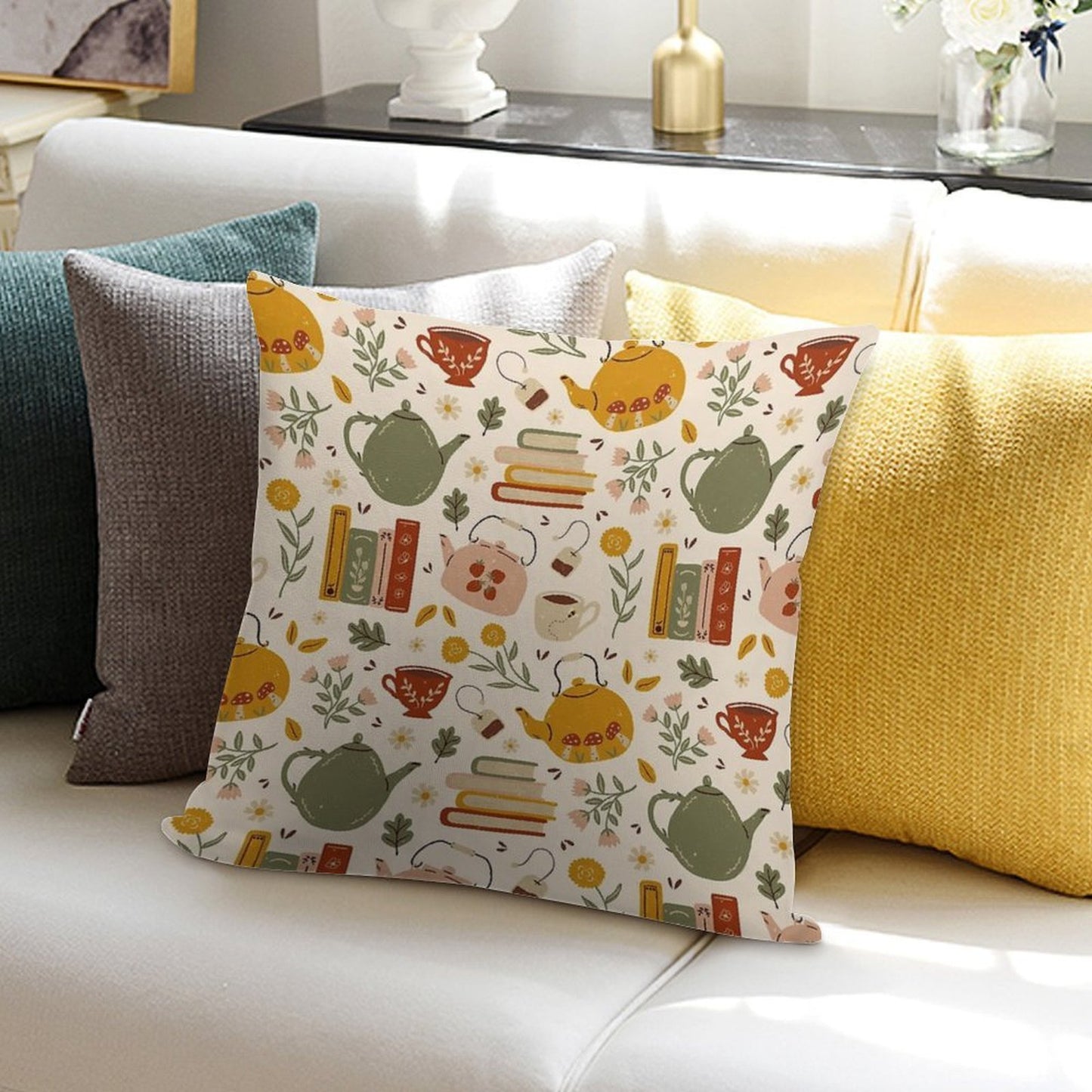 Flowery Books And Tea Soft Bedroom Essential Throw Pillow