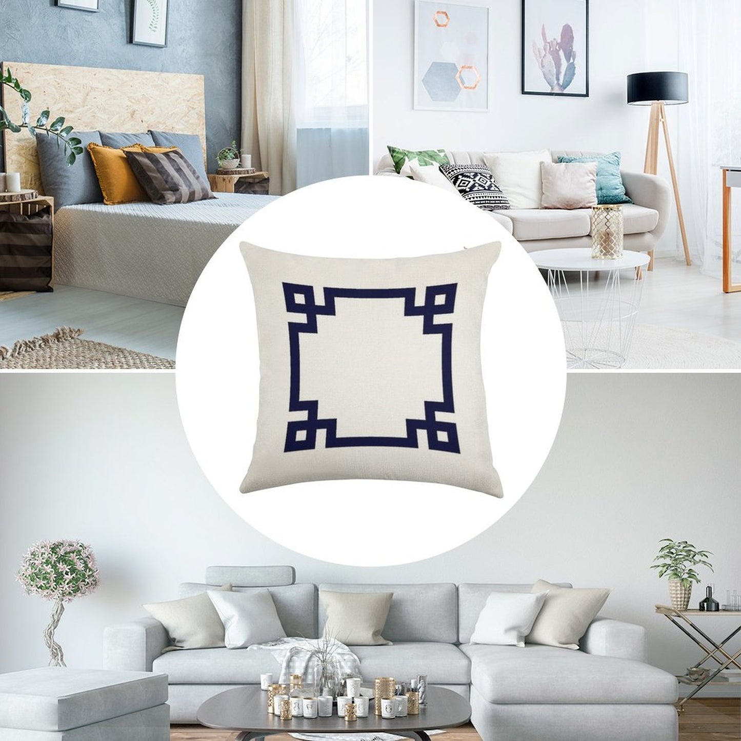 Navy Blue Greek Key Square On White Linen Throw Pillow Cover