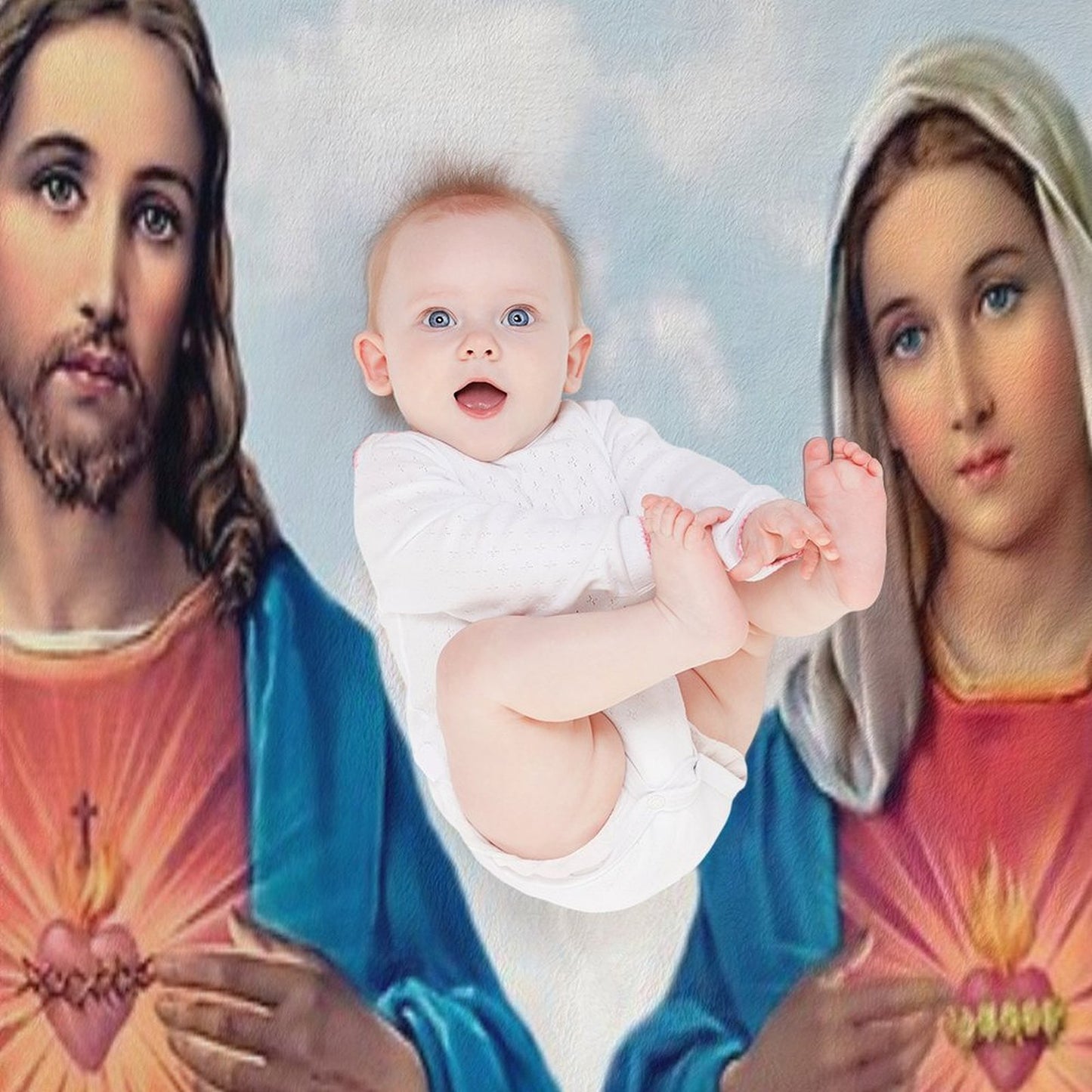 Sacred And Immaculate Hearts (Jesus And Mary) with Sky Background Throw Blanket