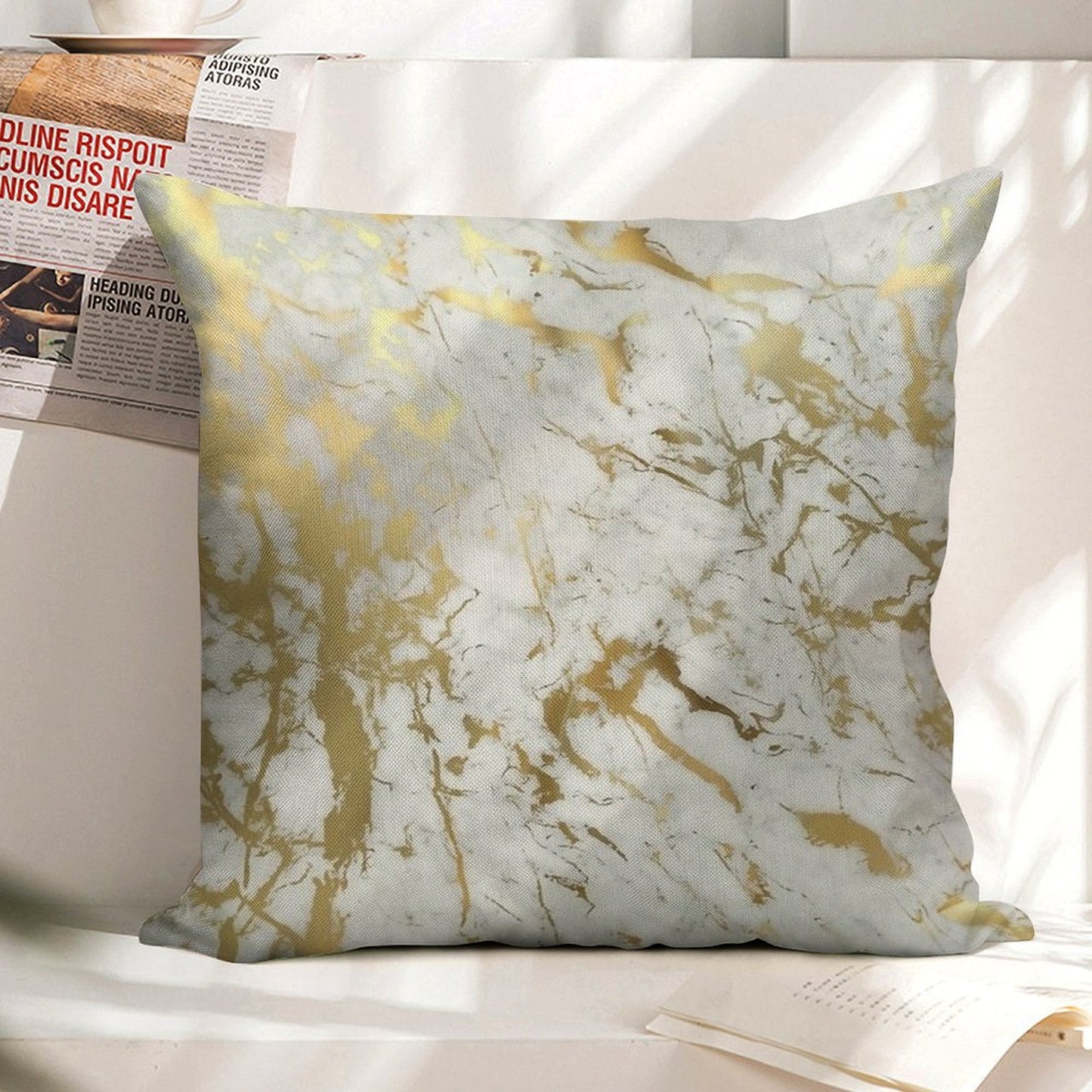 Gold Marble on White (original Height Quality Print) Linen Throw Pillow Cover
