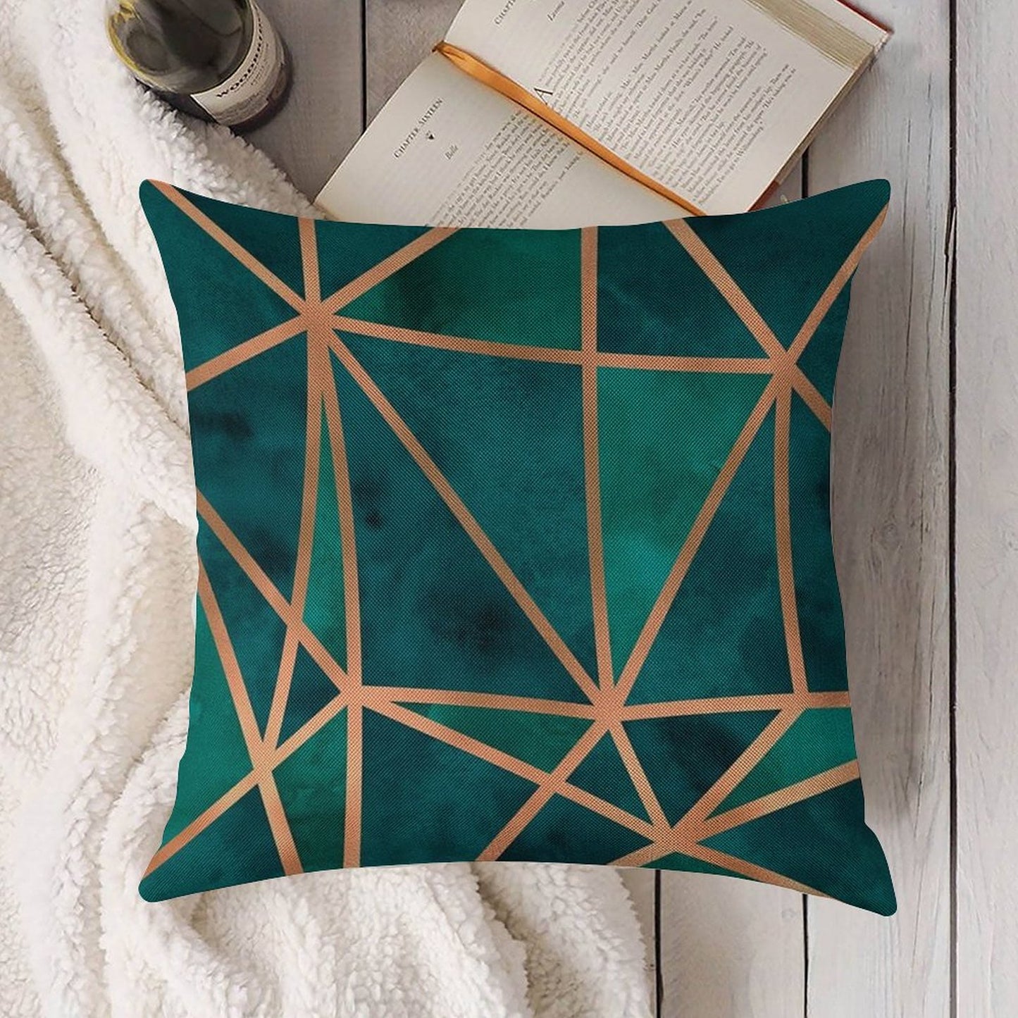 Copper And Emerald Geometric Design Linen Throw Pillow Cover