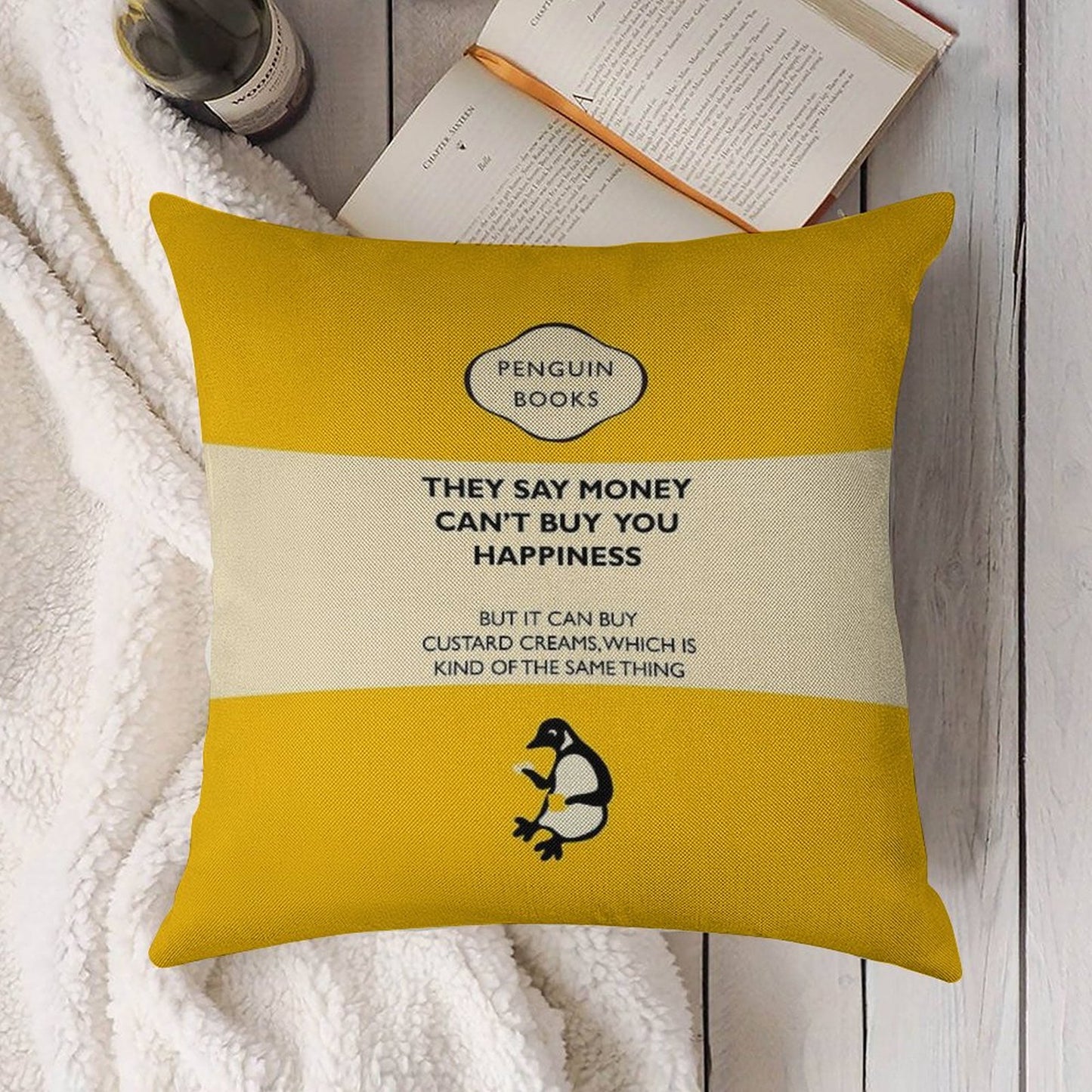 Custard Creams - Parody Penguin Book Cover Linen Throw Pillow Cover