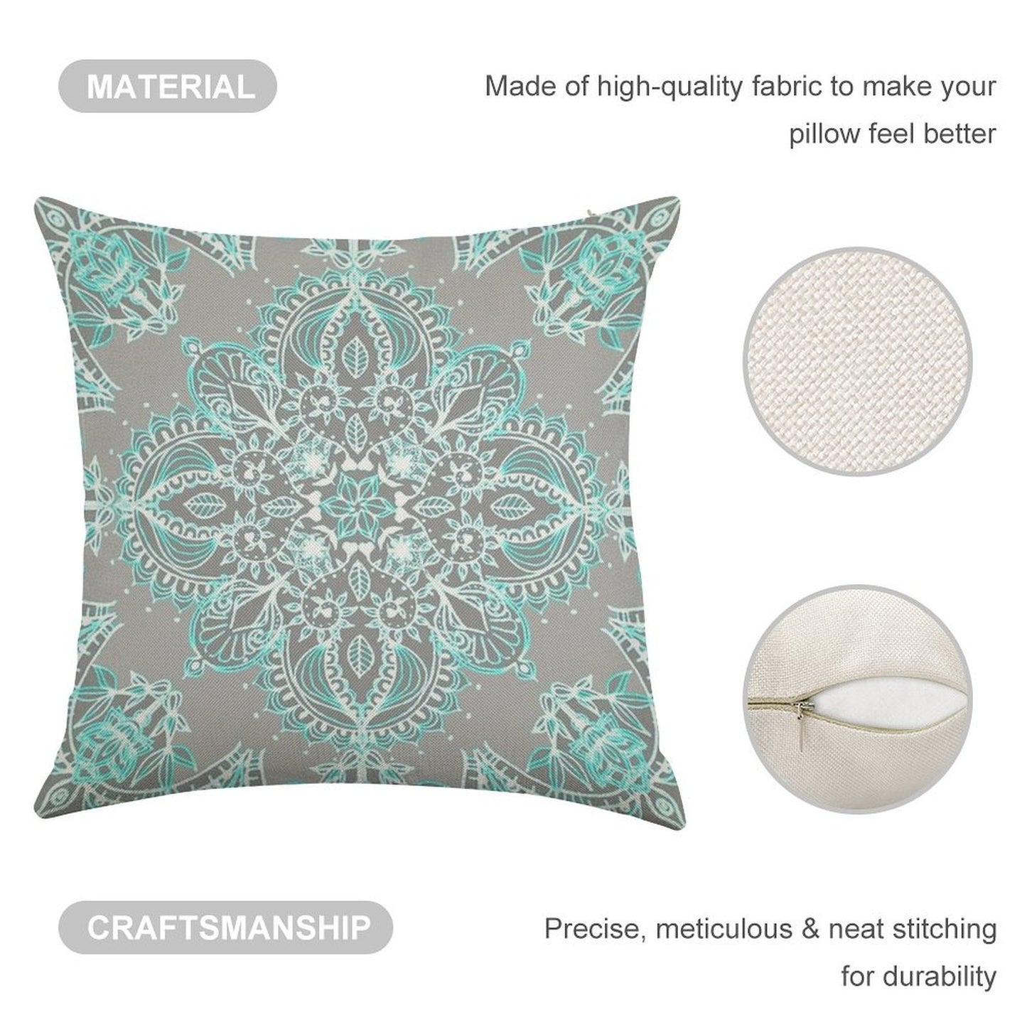 Teal And Aqua Lace Mandala on Grey Linen Throw Pillow Cover