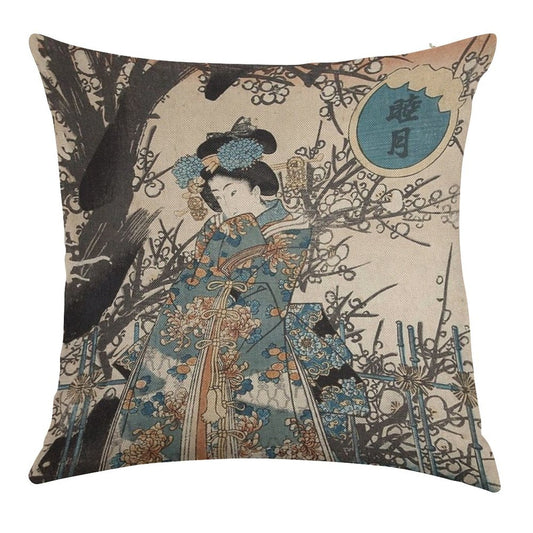 Classic Vintage Ukiyo-e Japanese Art Geisha Portrait Linen Throw Pillow Cover