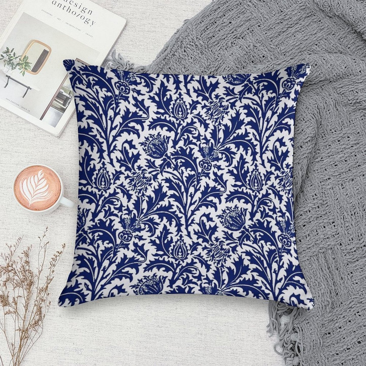 William Morris Thistle Damask, Navy Blue And White Soft Reinforced Edging Throw Pillow