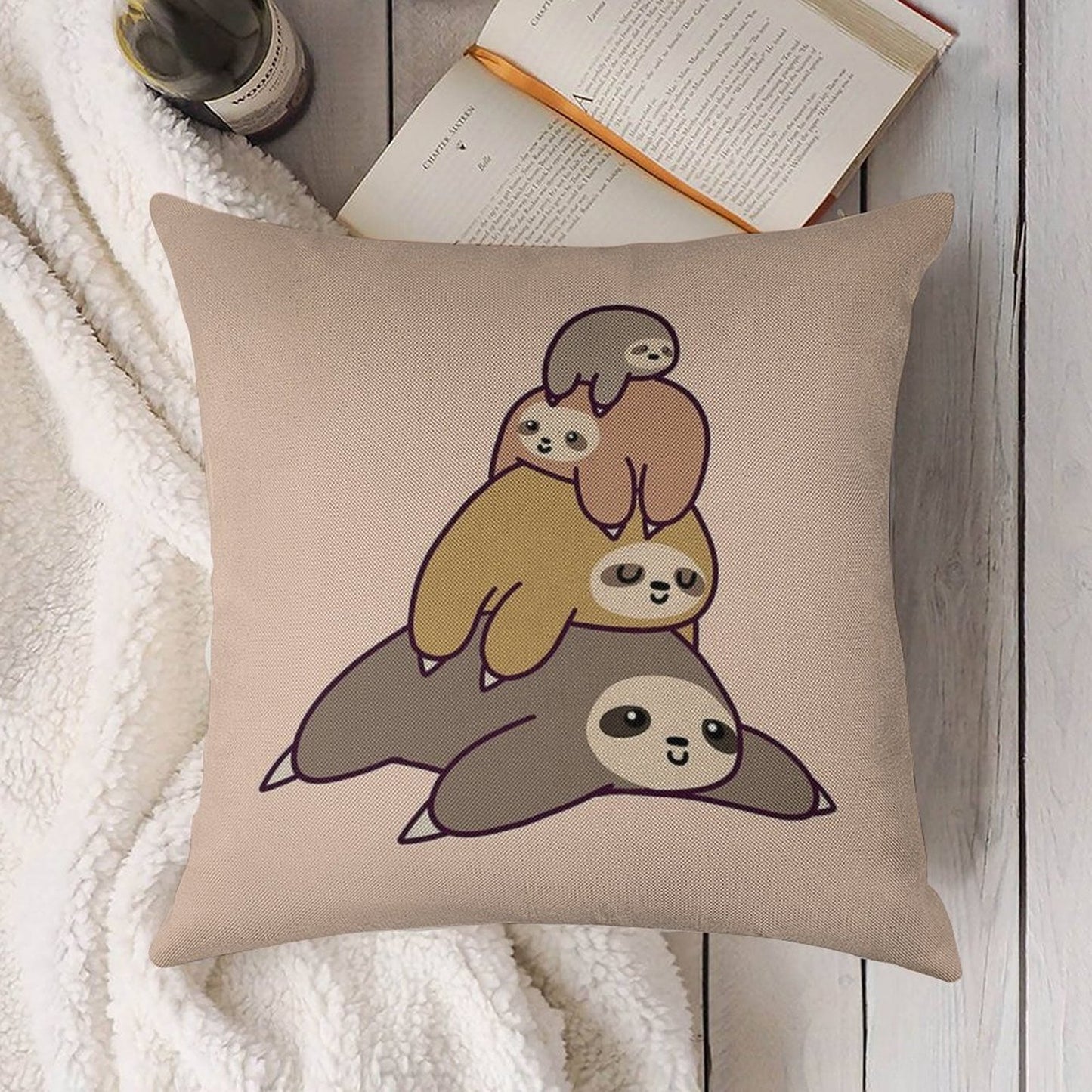 Sloth Stack Linen Throw Pillow Cover