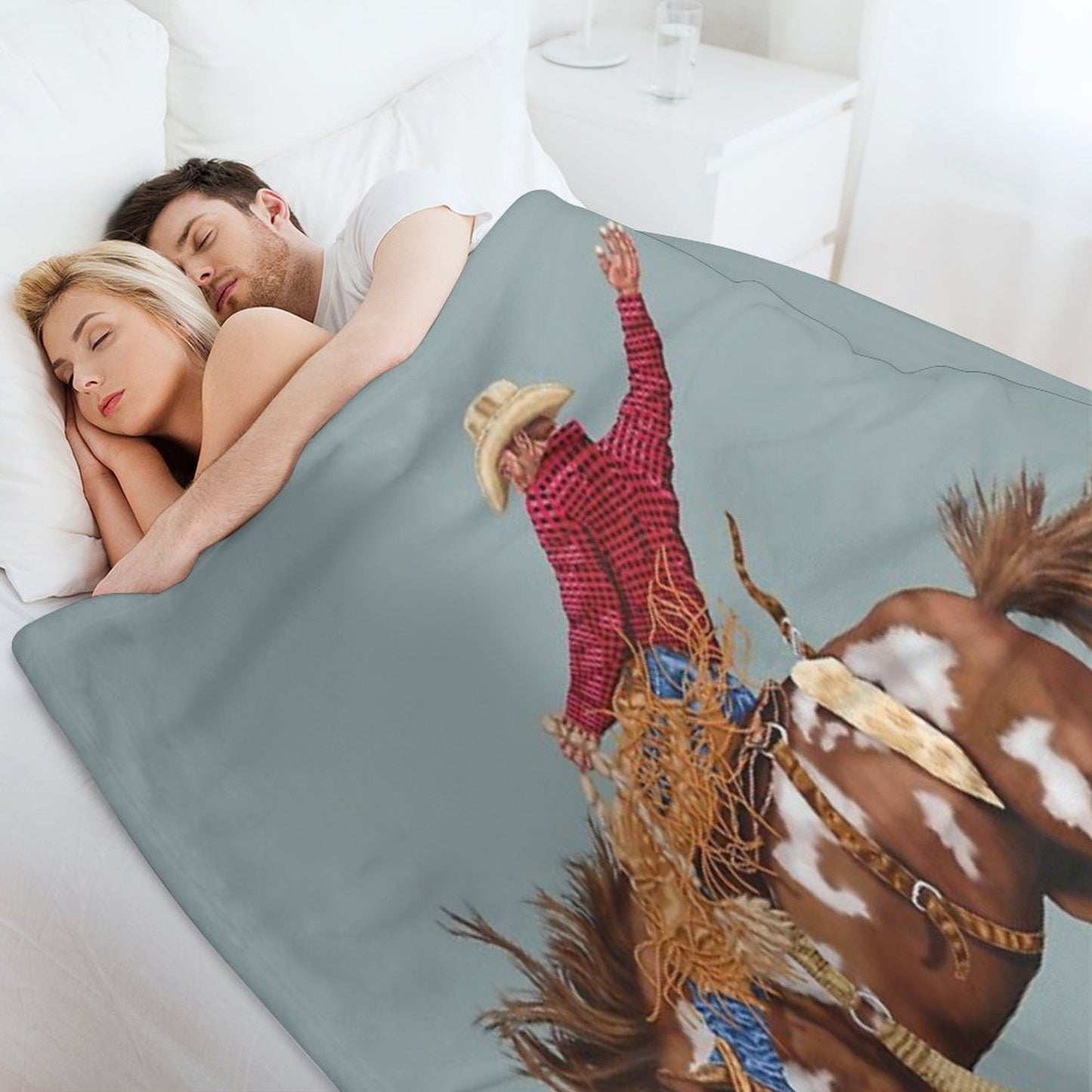 Vintage Western Rodeo Art, Bronco Busting Cowboy Throw Blanket