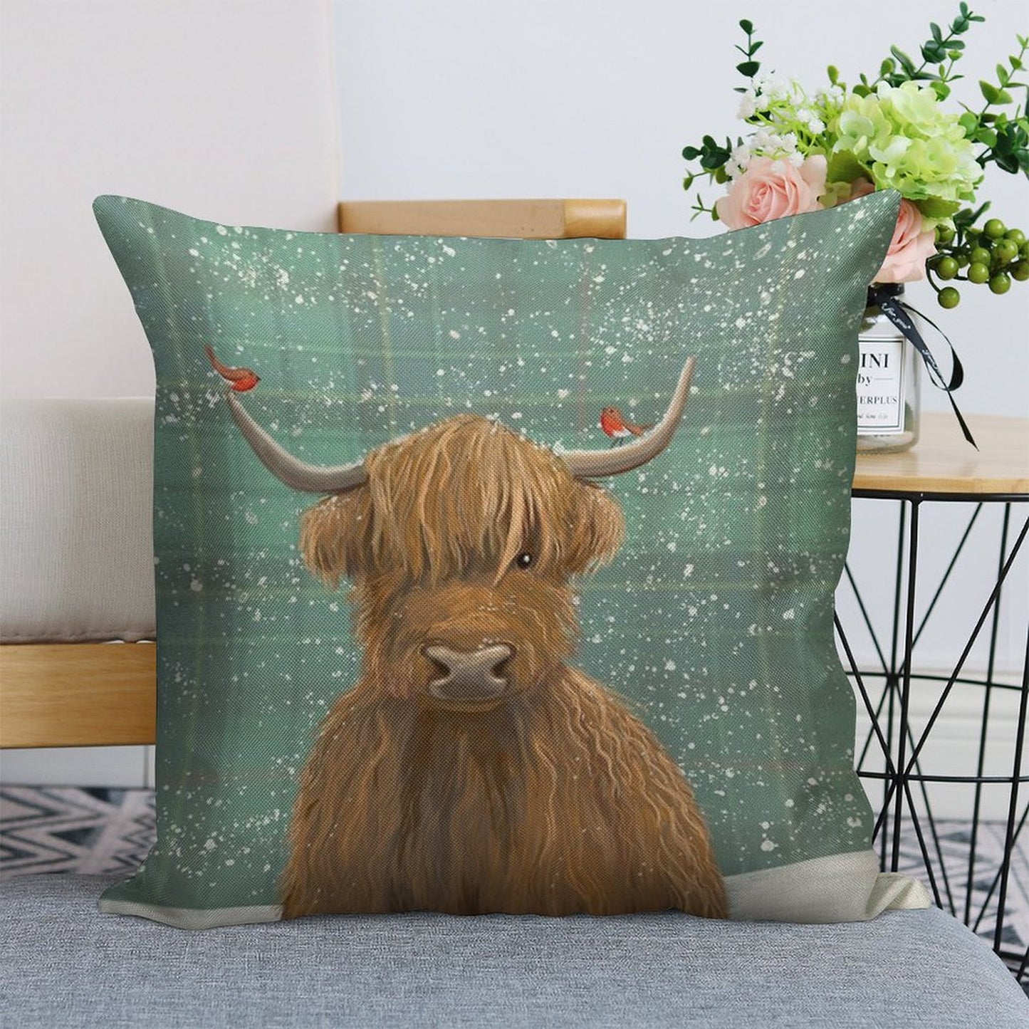 Scottish Highland Cow Winter Robins Tartan Linen Throw Pillow Cover