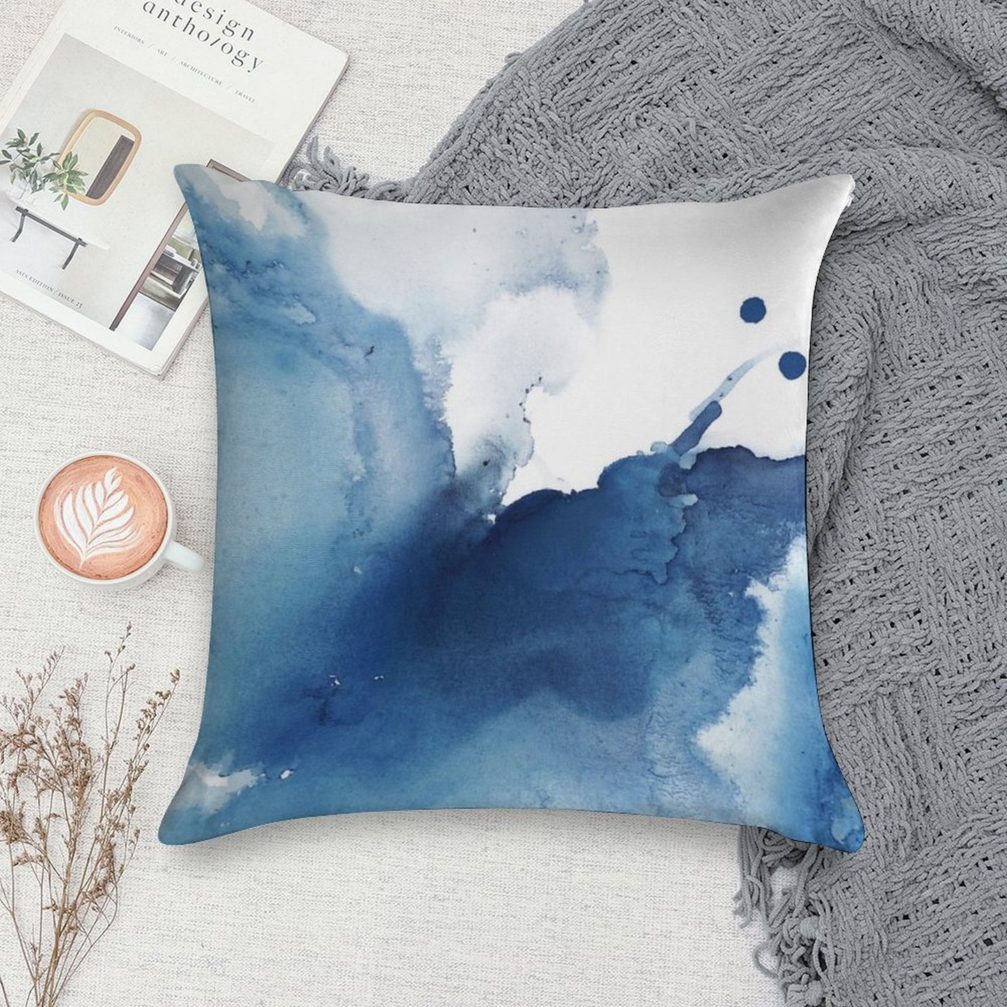 Indigo Blue Sea, Abstract Ink Painting Soft Fade-Resistant Throw Pillow