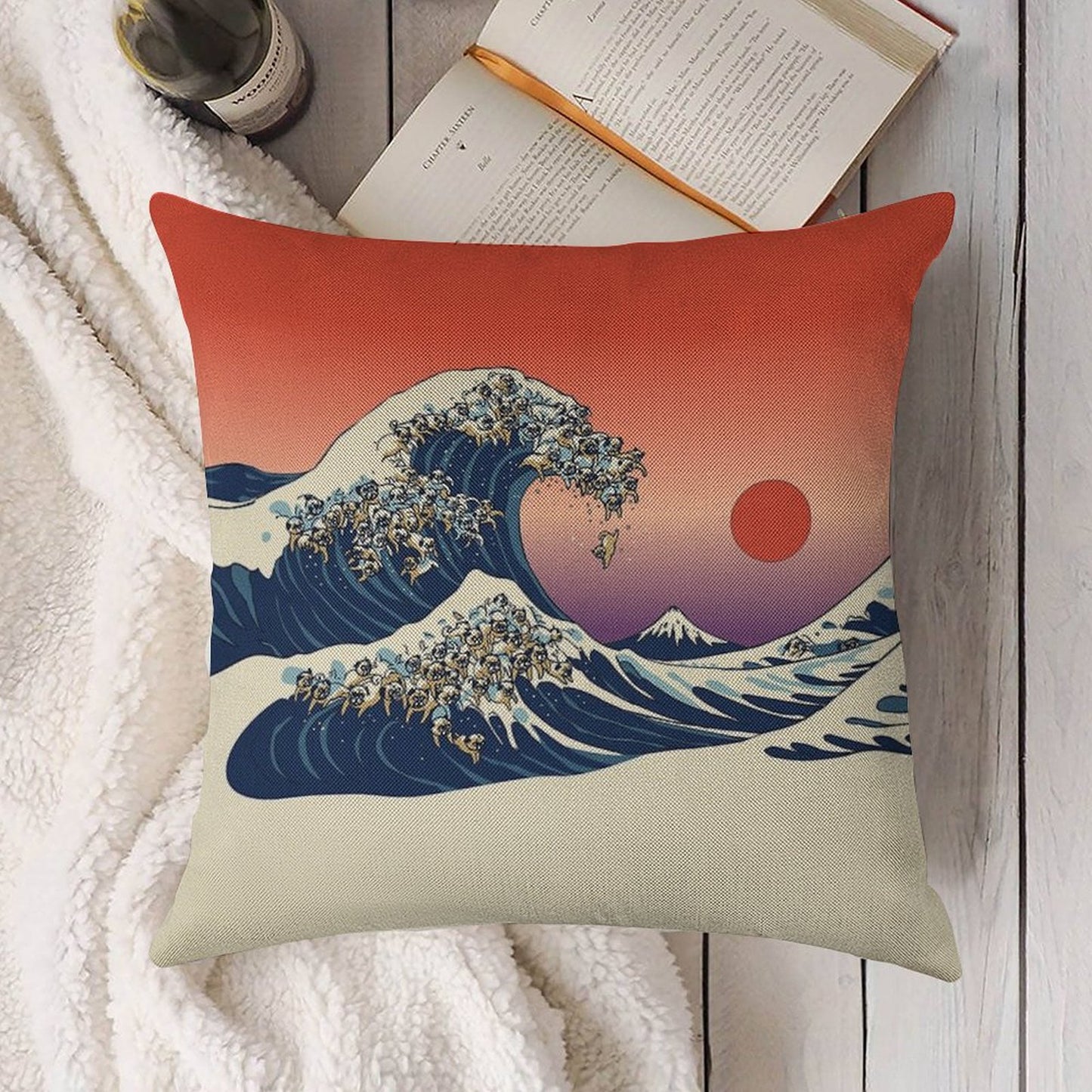 The Great Wave of Pug Linen Throw Pillow Cover