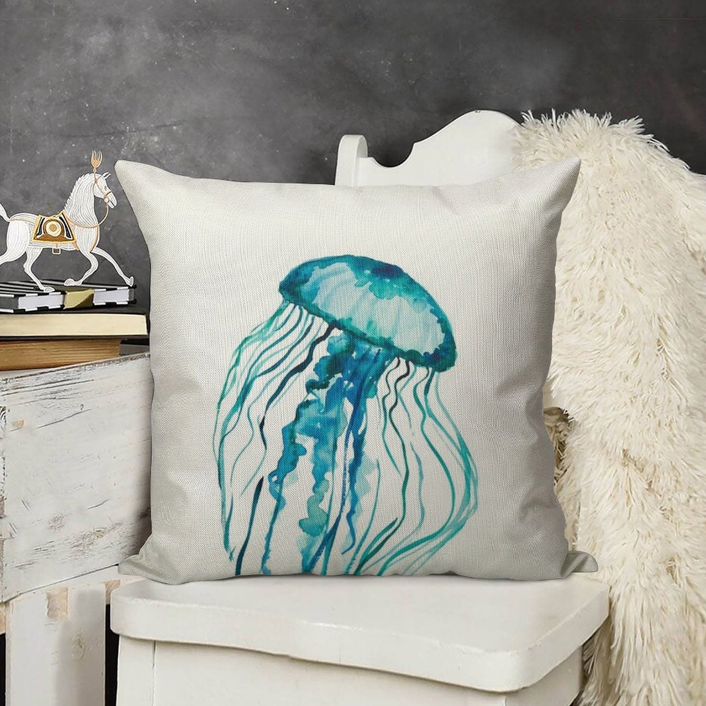 Watercolor Jellyfish Linen Throw Pillow Cover