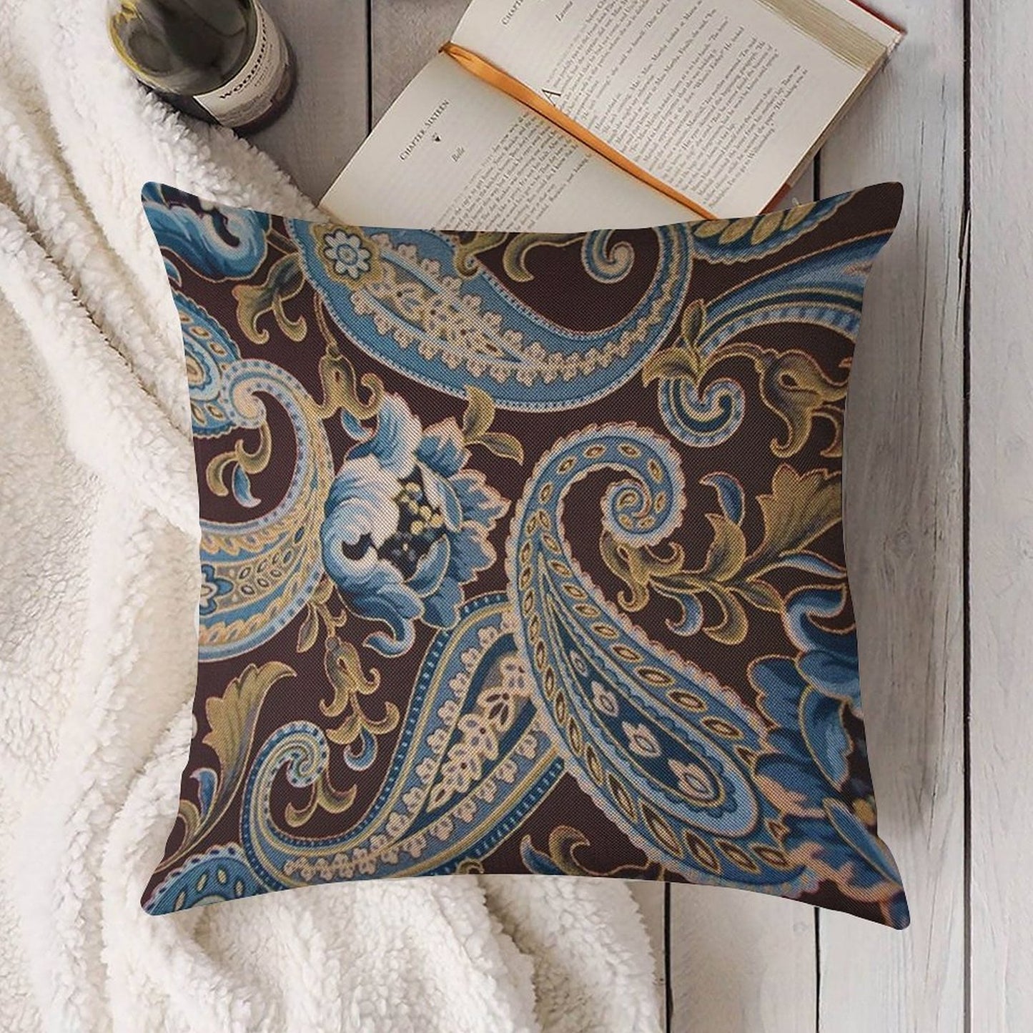 Blue Brown Vintage Paisley Linen Throw Pillow Cover