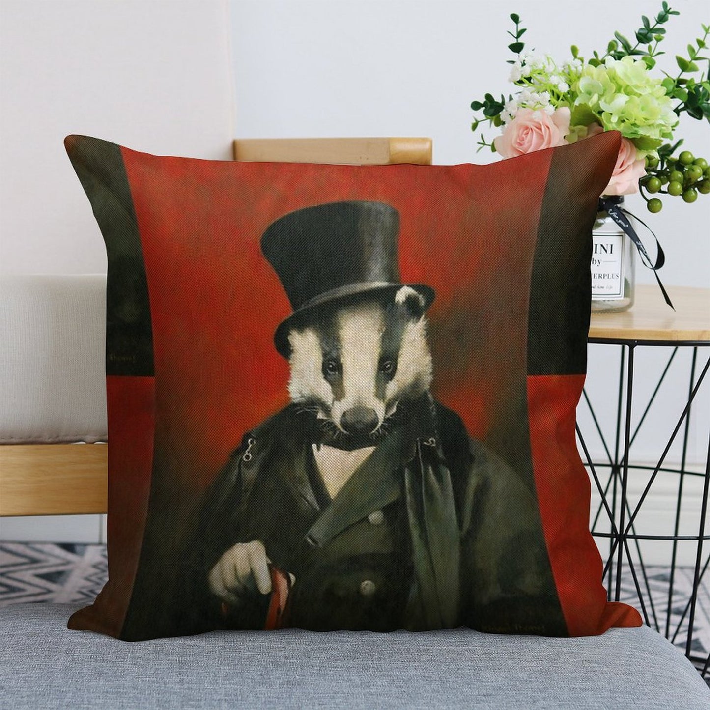Victorian Mr Badger Linen Throw Pillow Cover