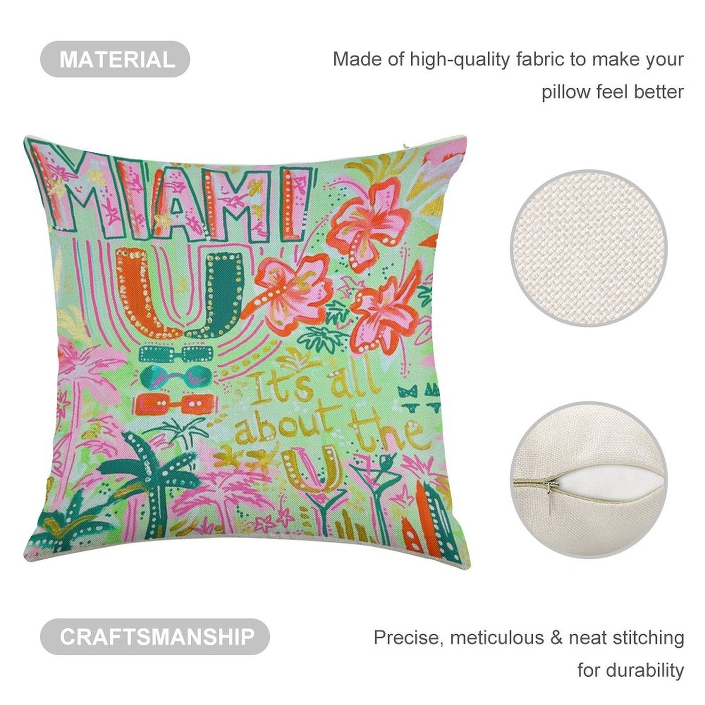 Miami Collage Linen Throw Pillow Cover