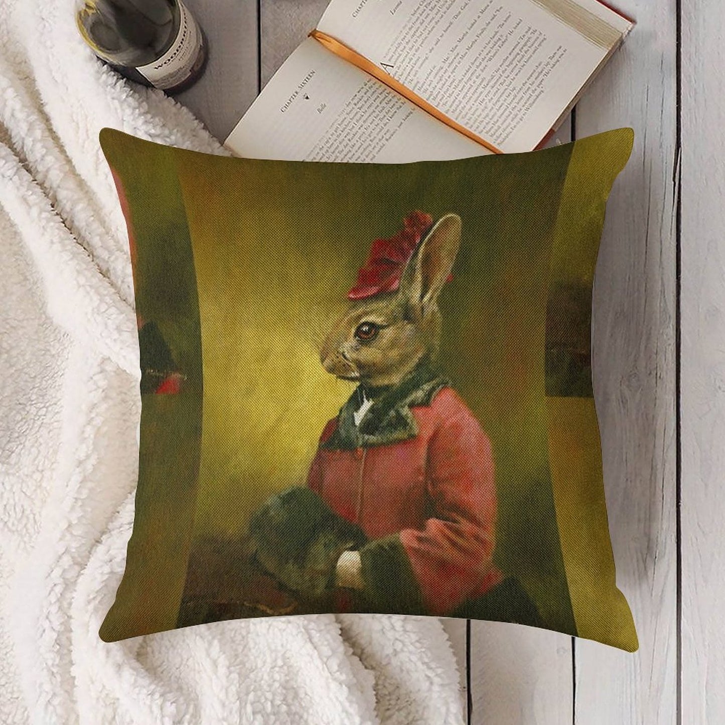 Victorian Lady Rabbit Linen Throw Pillow Cover