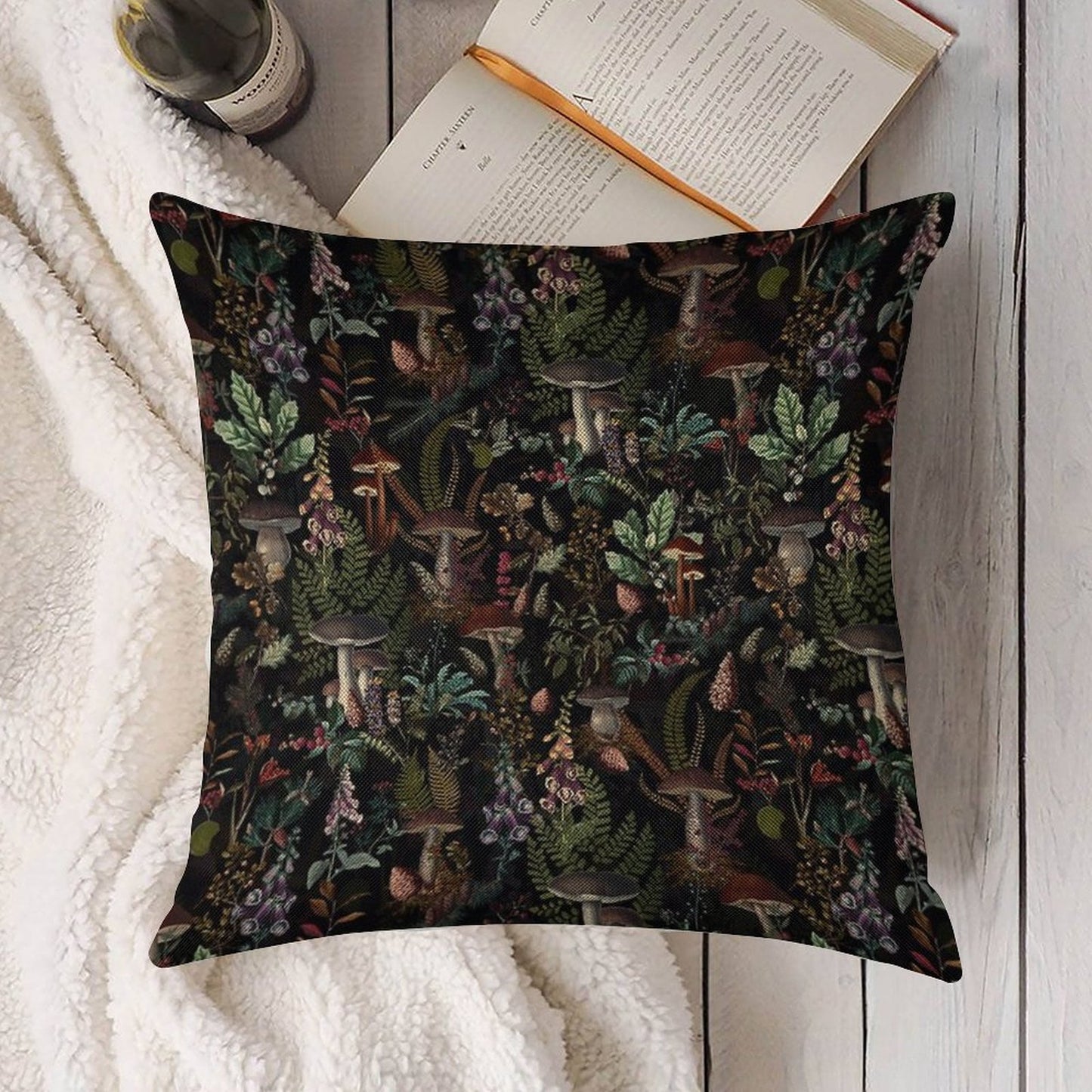 Vintage Mysterious Mushrooms Forest Botanical Botanical Night Garden Pattern NightGarden Linen Throw Pillow Cover