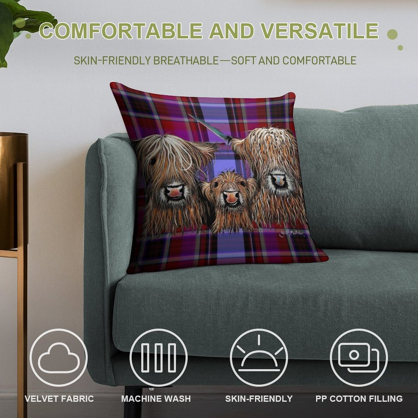 SCoTTiSH HiGHLaND CoW ' TaRTaN We 3 CooS P ' BY SHiRLeY MacARTHuR Soft Hidden Zipper Throw Pillow