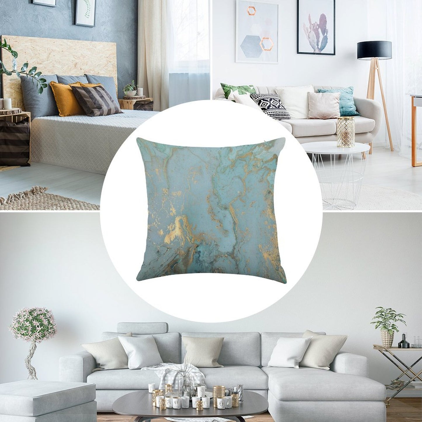 Marble Design - Gold Effect - Turquoise Blue, Teal Marbling Linen Throw Pillow Cover