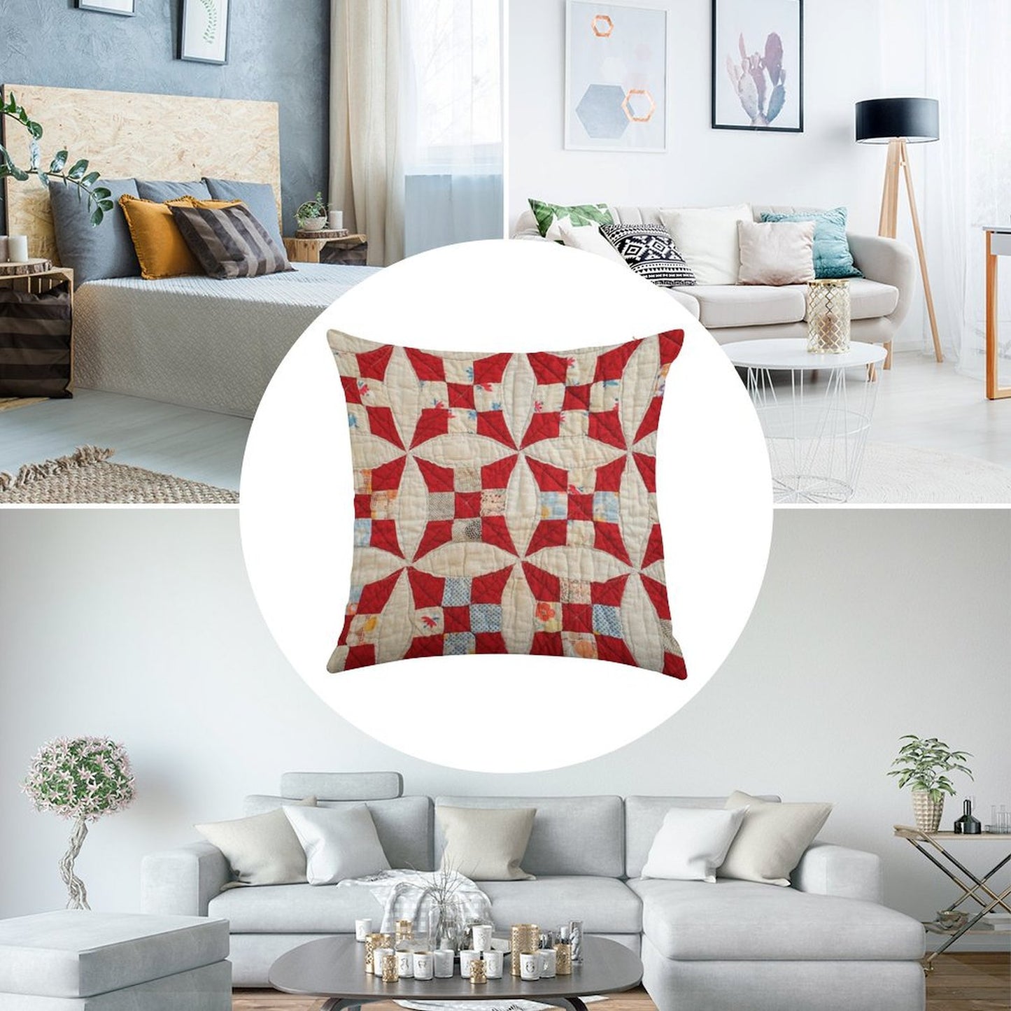Vintage Patchwork Quilt in Red And White Linen Throw Pillow Cover