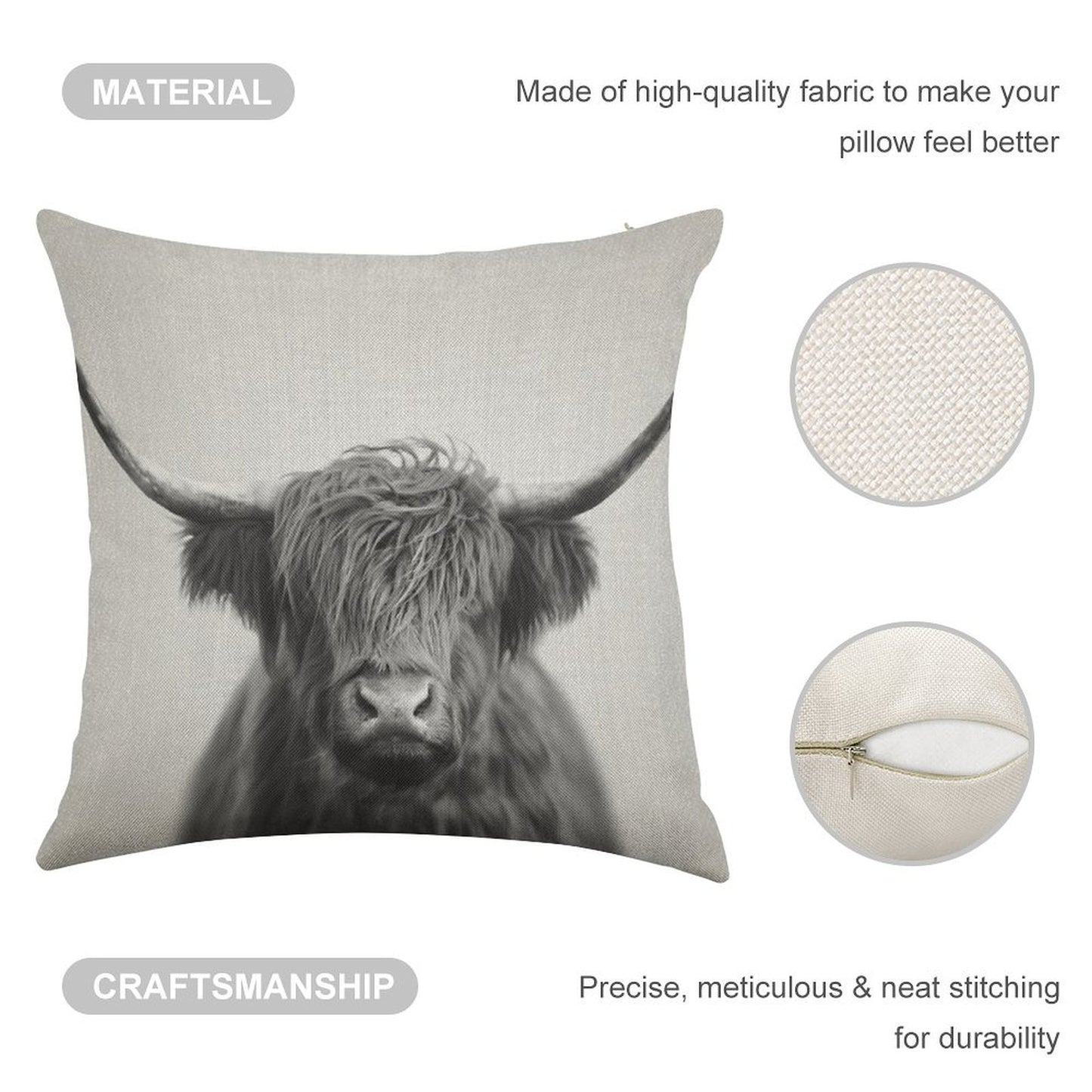 Highland Cow - Black & White Linen Throw Pillow Cover