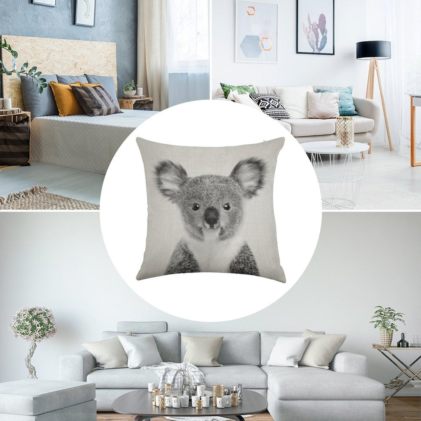 Baby Koala - Black & White Linen Throw Pillow Cover