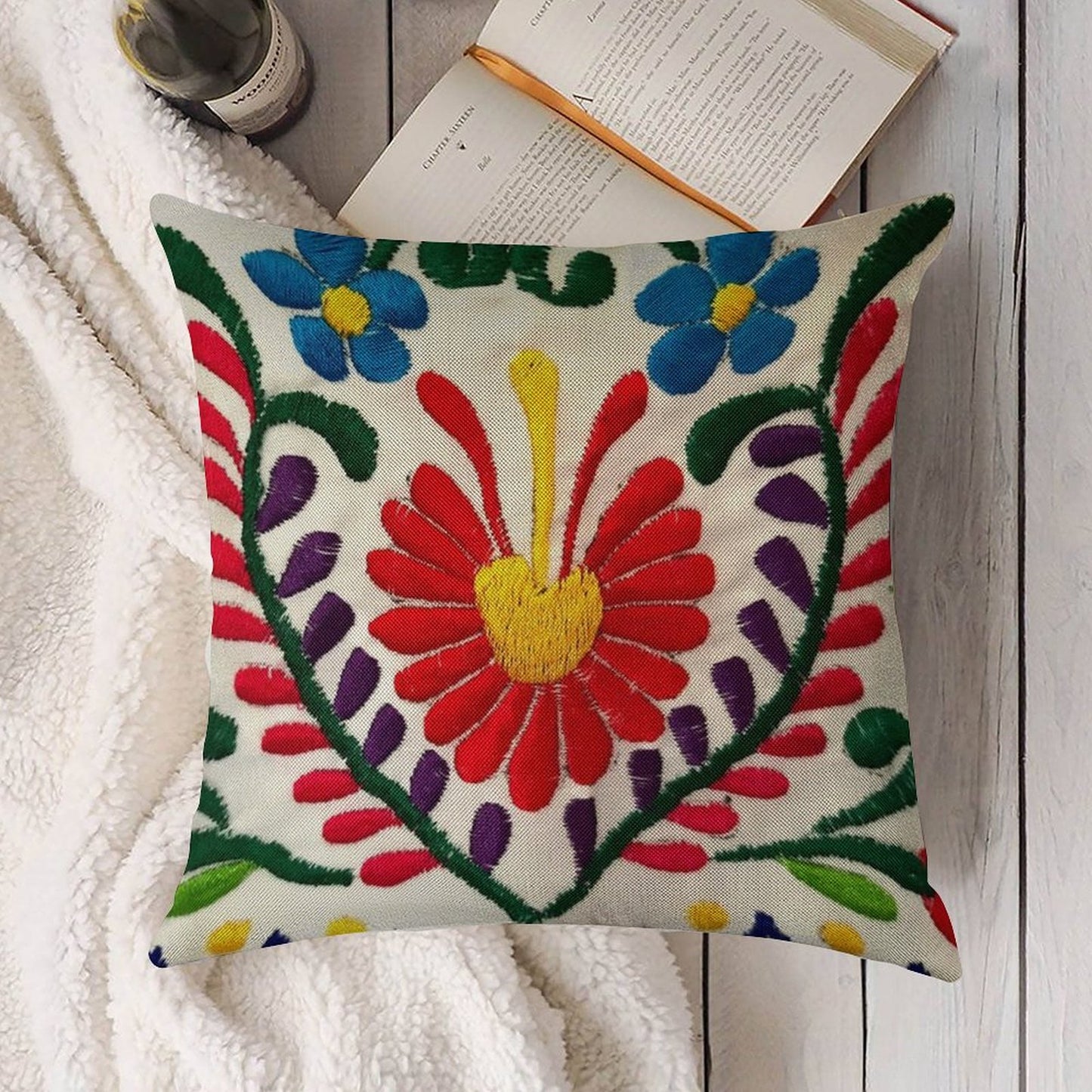 Mexican Flowers Linen Throw Pillow Cover