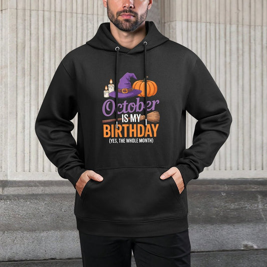 October Is My Halloween Birthday Spooky Broom Pumpkin Medium-Weight Fabric Hoodie