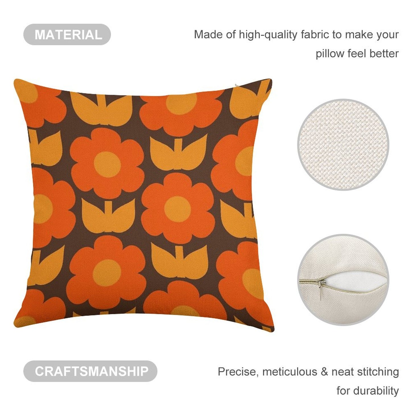 Jonnty Flowers Retro Floral Pattern in 70s Brown And Orange Linen Throw Pillow Cover
