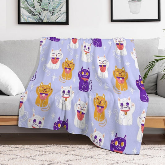 Lucky Kitty Cats Maneki-Neko Waving Beckoning Cat Throw Blanket