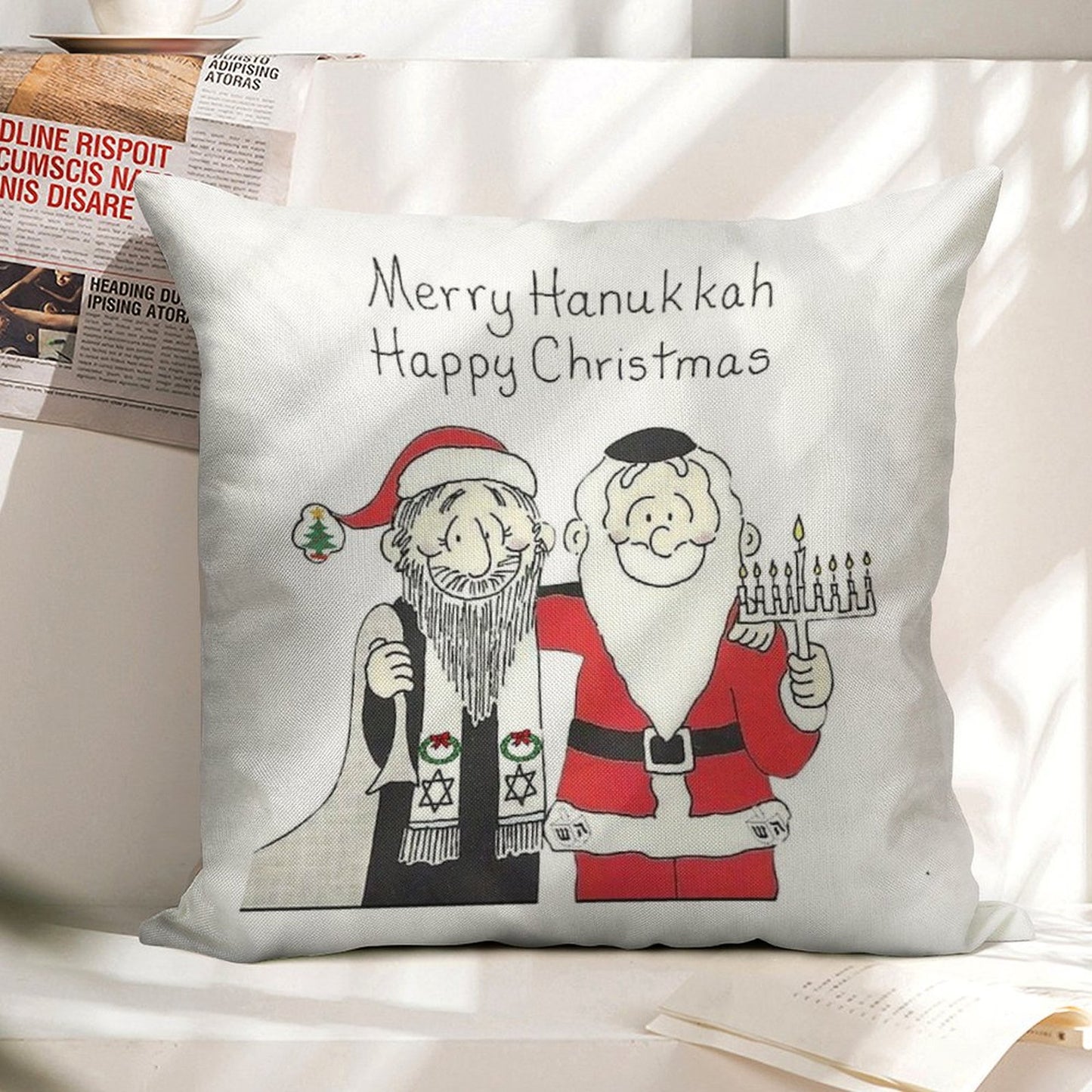 Celebrate Both, Interfaith, Hanukkah And Christmas, Chanukkah Linen Throw Pillow Cover