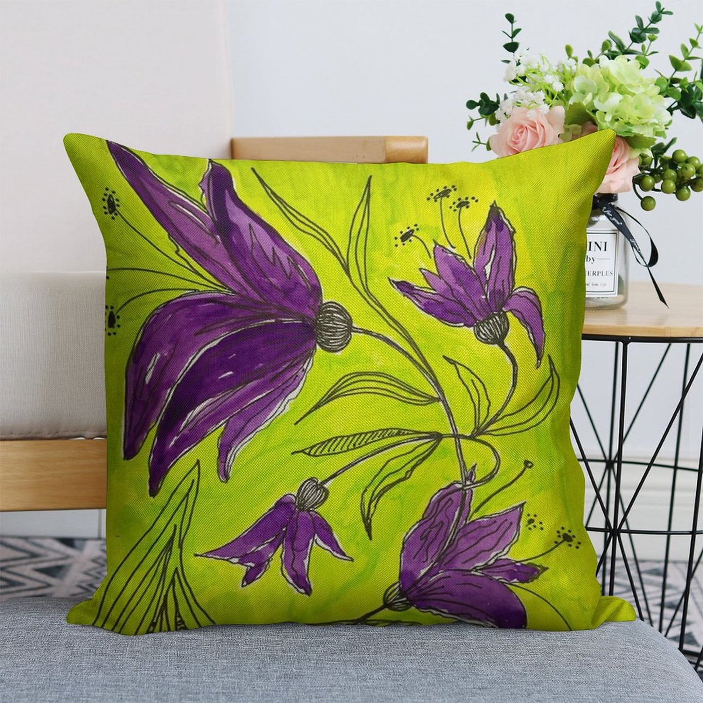 Botanical Lime Green And Purple Linen Throw Pillow Cover