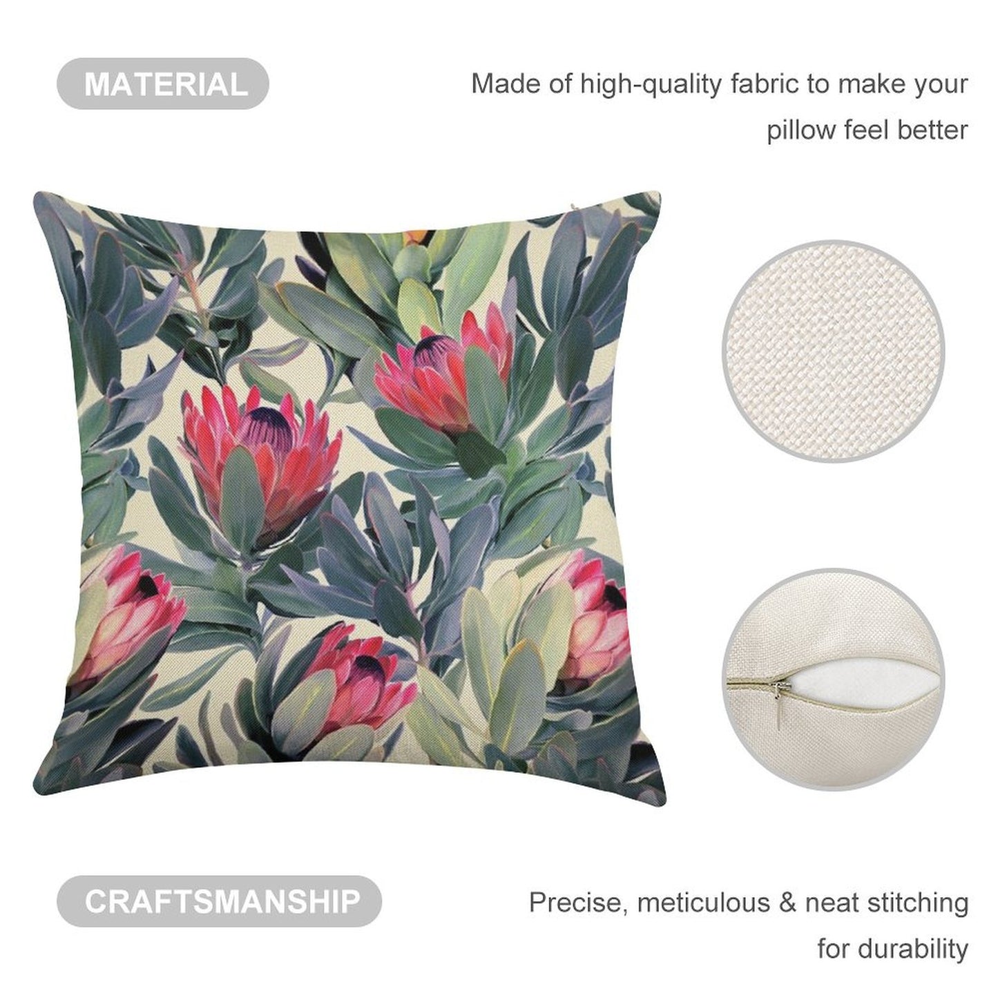 Painted Protea Pattern Linen Throw Pillow Cover