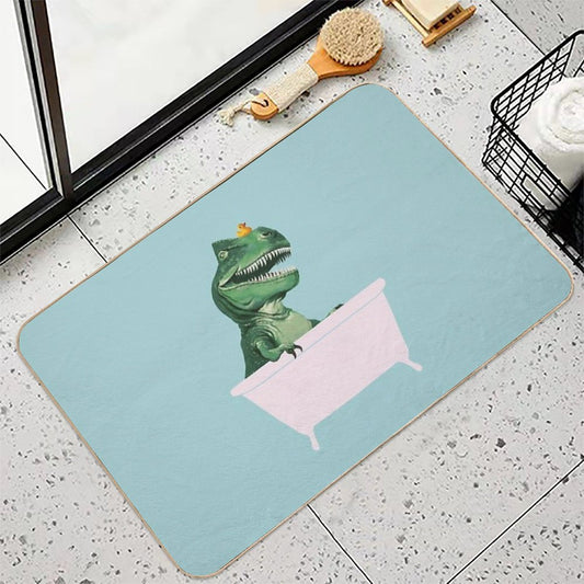 Playful T-Rex in Bathtub in Green Bath Mat