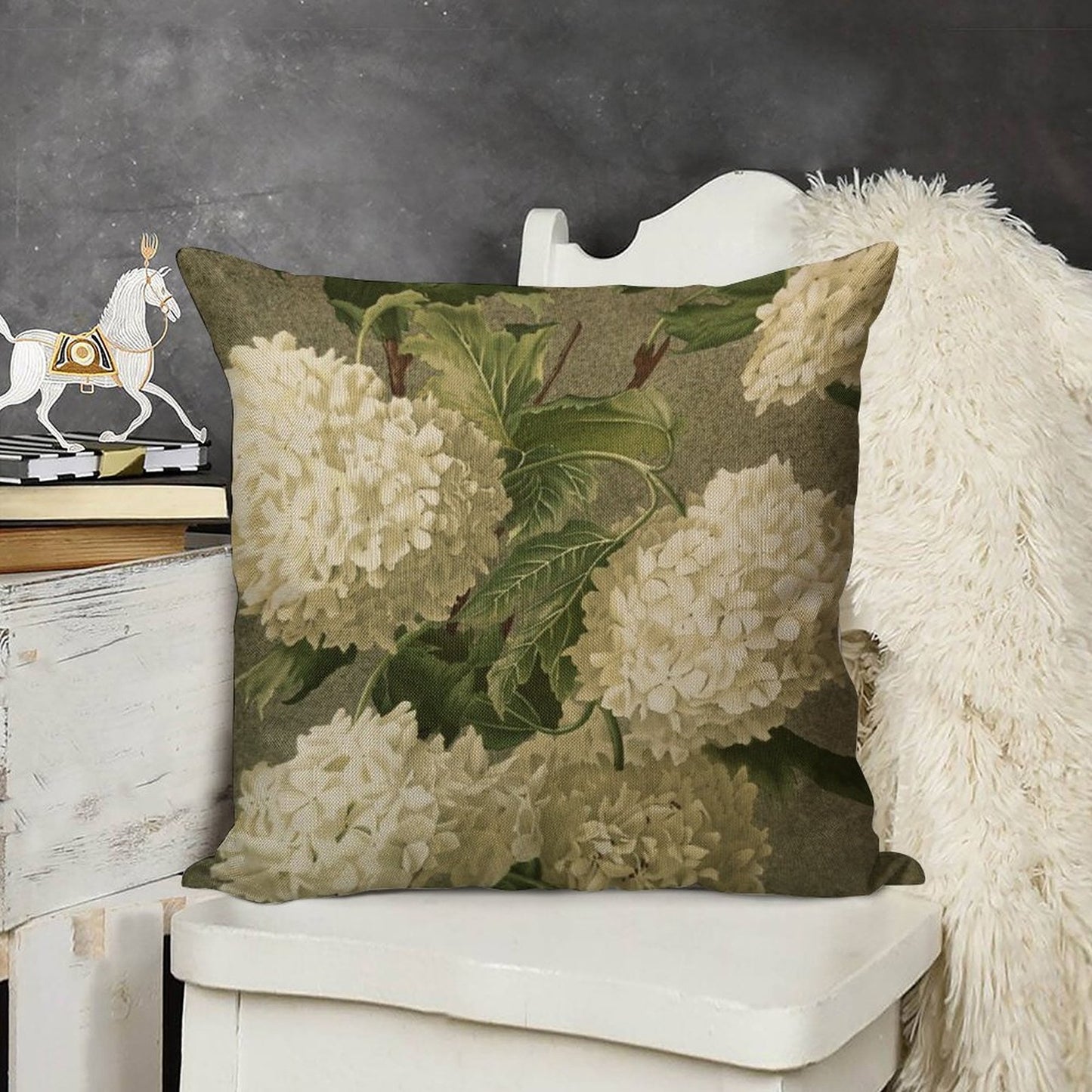 Vintage Victorian White Hydrangea Floral Linen Throw Pillow Cover