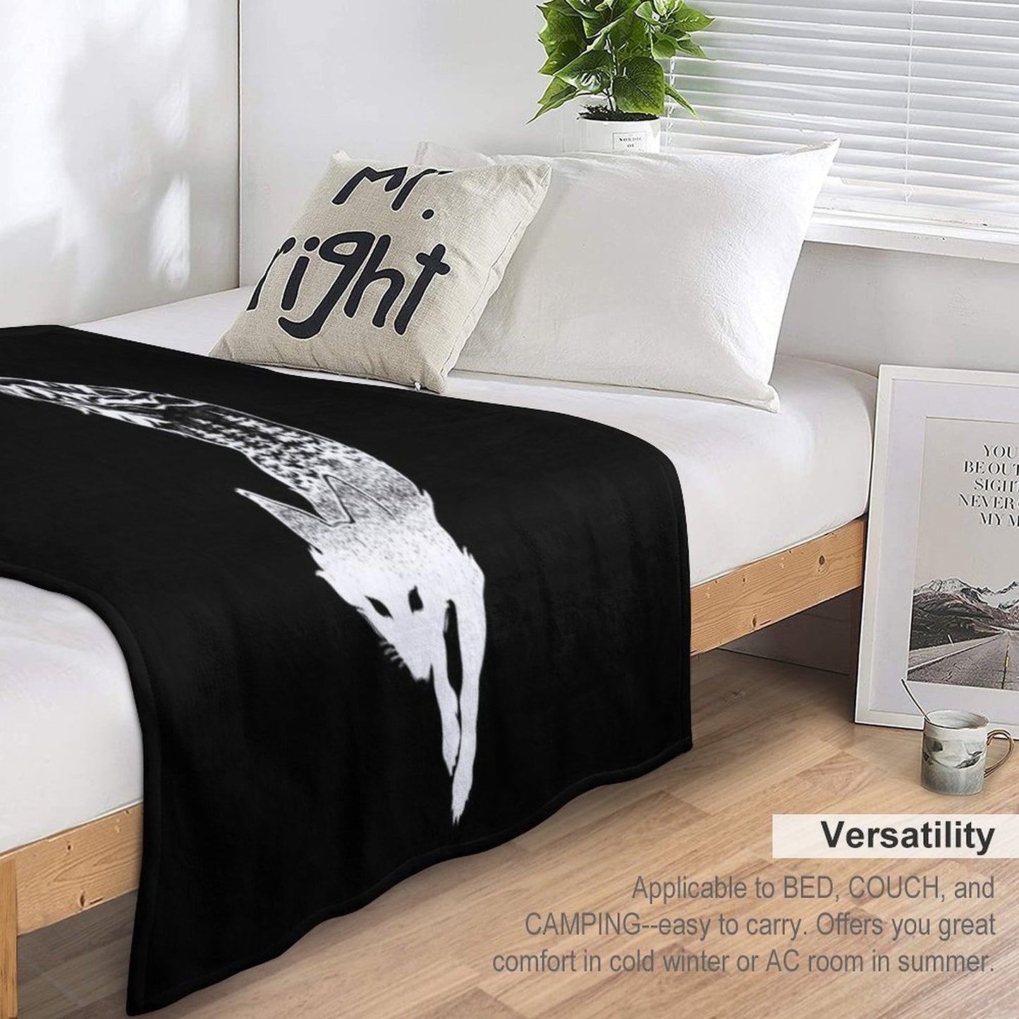 Fox Silhouette with Mountains, Trees & Moon T-Shirt Throw Blanket