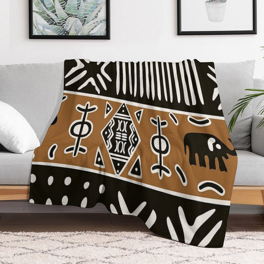 African Mud Cloth with Elephants Throw Blanket