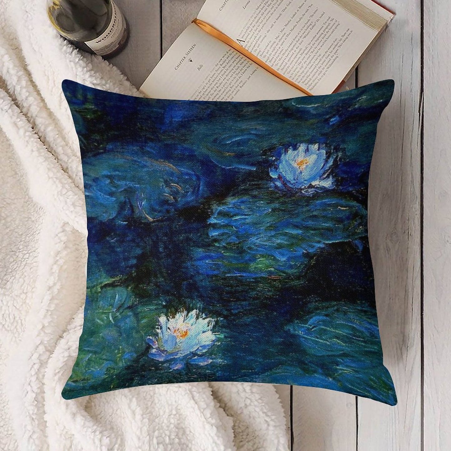 Water Lilies Monet Deep Blue Linen Throw Pillow Cover