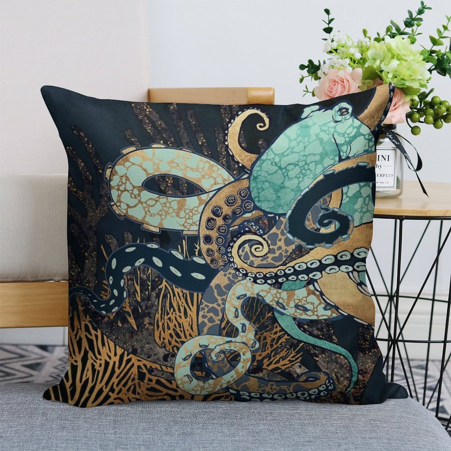 Metallic Octopus II Linen Throw Pillow Cover
