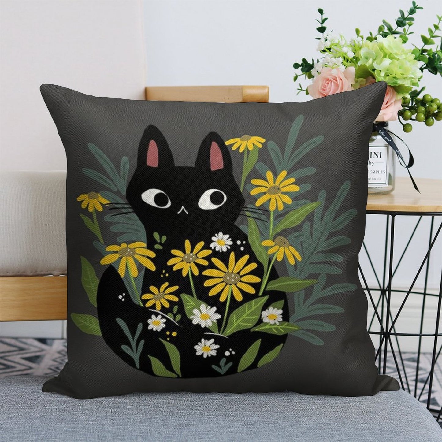 Black Cat with Flowers Linen Throw Pillow Cover